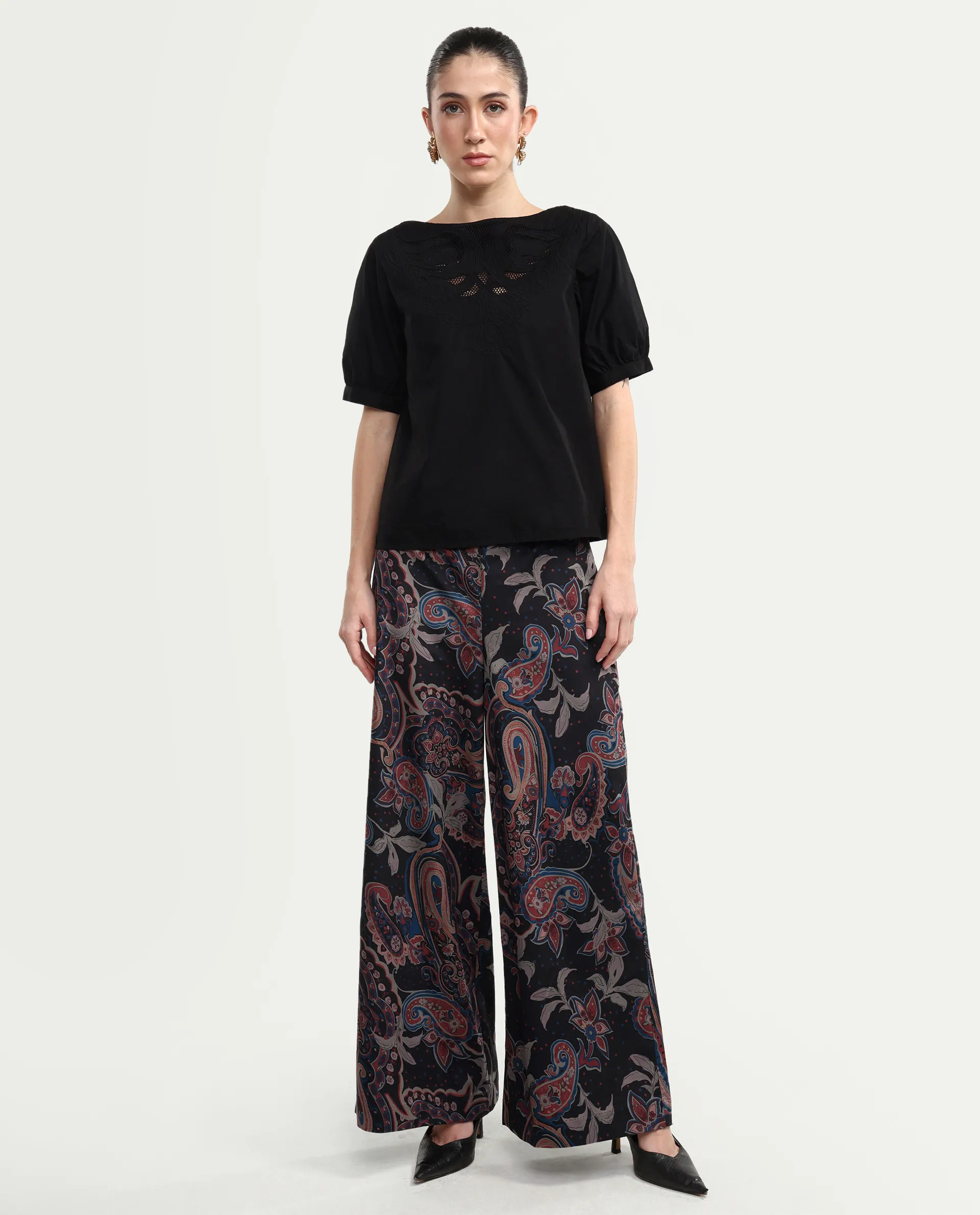 Rareism Women's Remen B Dark Multi Velvet Paisley Print Ankle Length Flared Trouser - Image 3