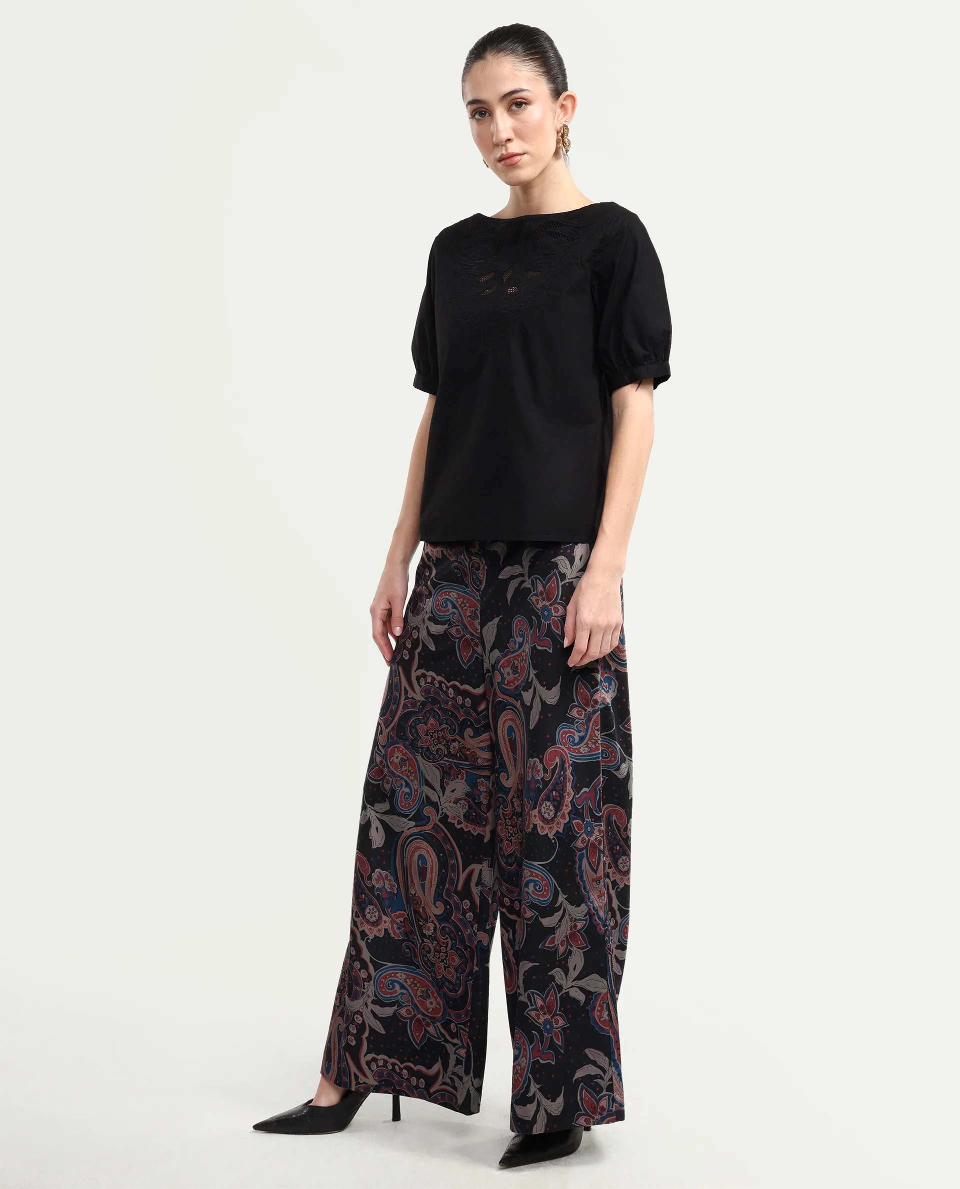 Rareism Women's Remen B Dark Multi Velvet Paisley Print Ankle Length Flared Trouser - Image 5