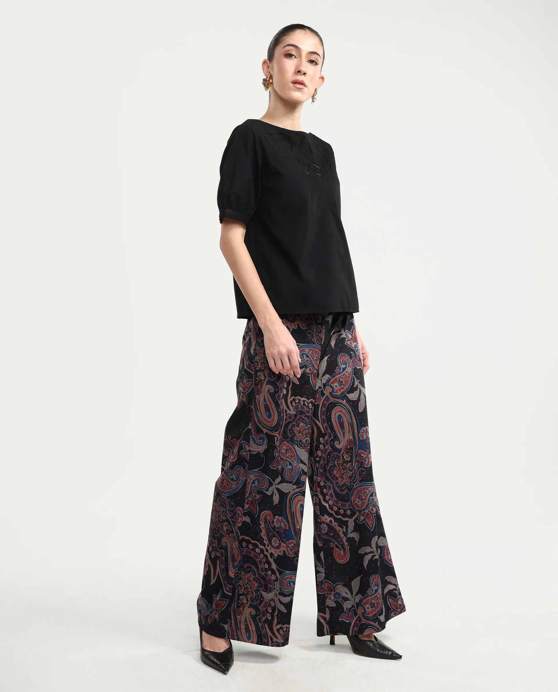 Rareism Women's Remen B Dark Multi Velvet Paisley Print Ankle Length Flared Trouser - Image 6