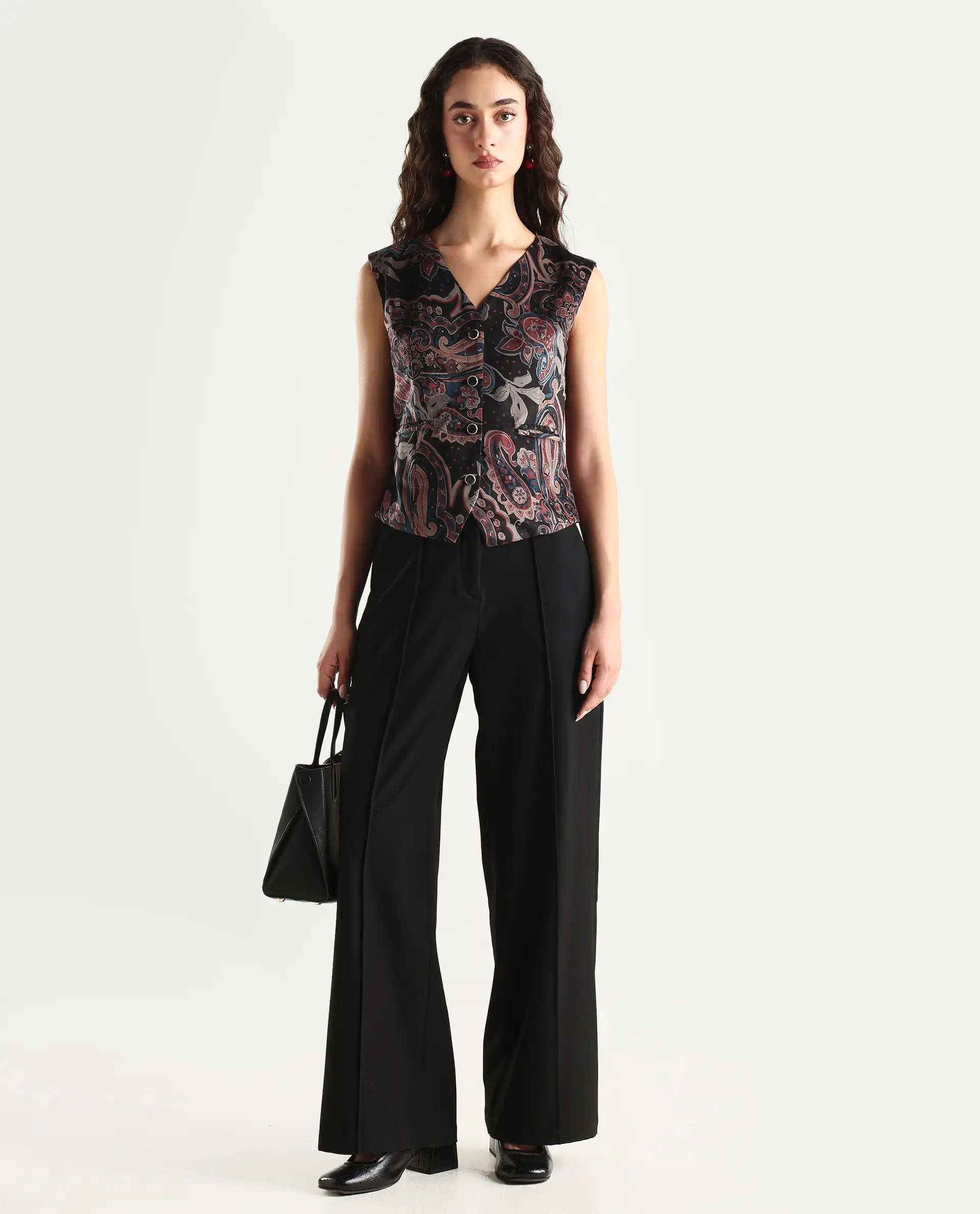 Rareism Women's Remen Multi Velvet V-Neck Paisley Print Sleeveless Regular Fitted Waist Coat - Image 2
