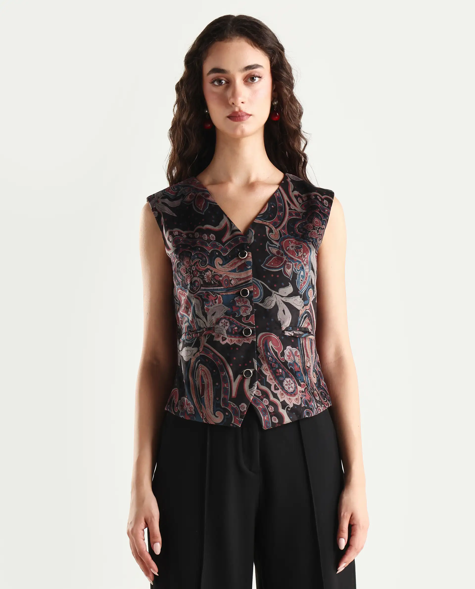 Rareism Women's Remen Multi Velvet V-Neck Paisley Print Sleeveless Regular Fitted Waist Coat - Image 3