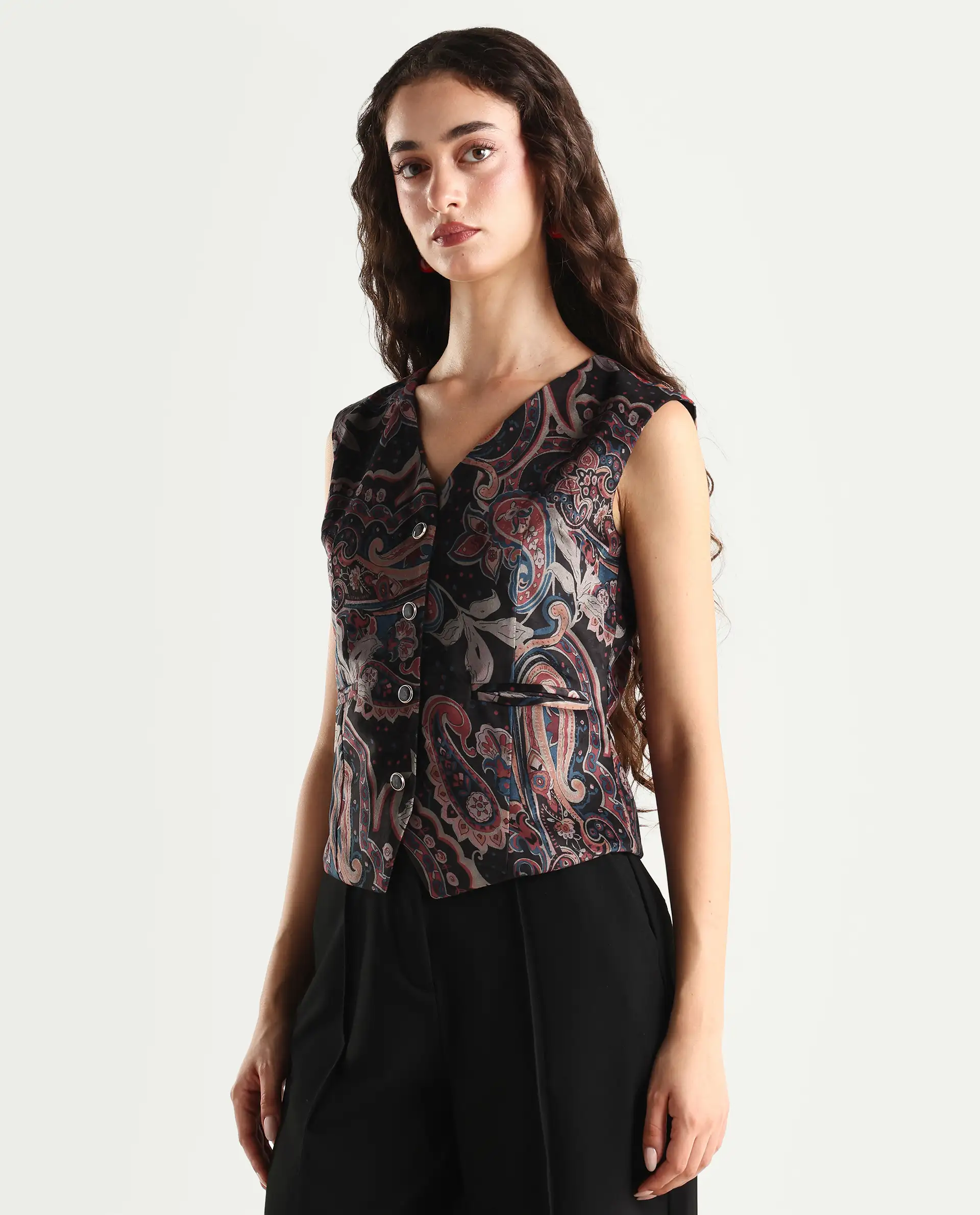 Rareism Women's Remen Multi Velvet V-Neck Paisley Print Sleeveless Regular Fitted Waist Coat - Image 5