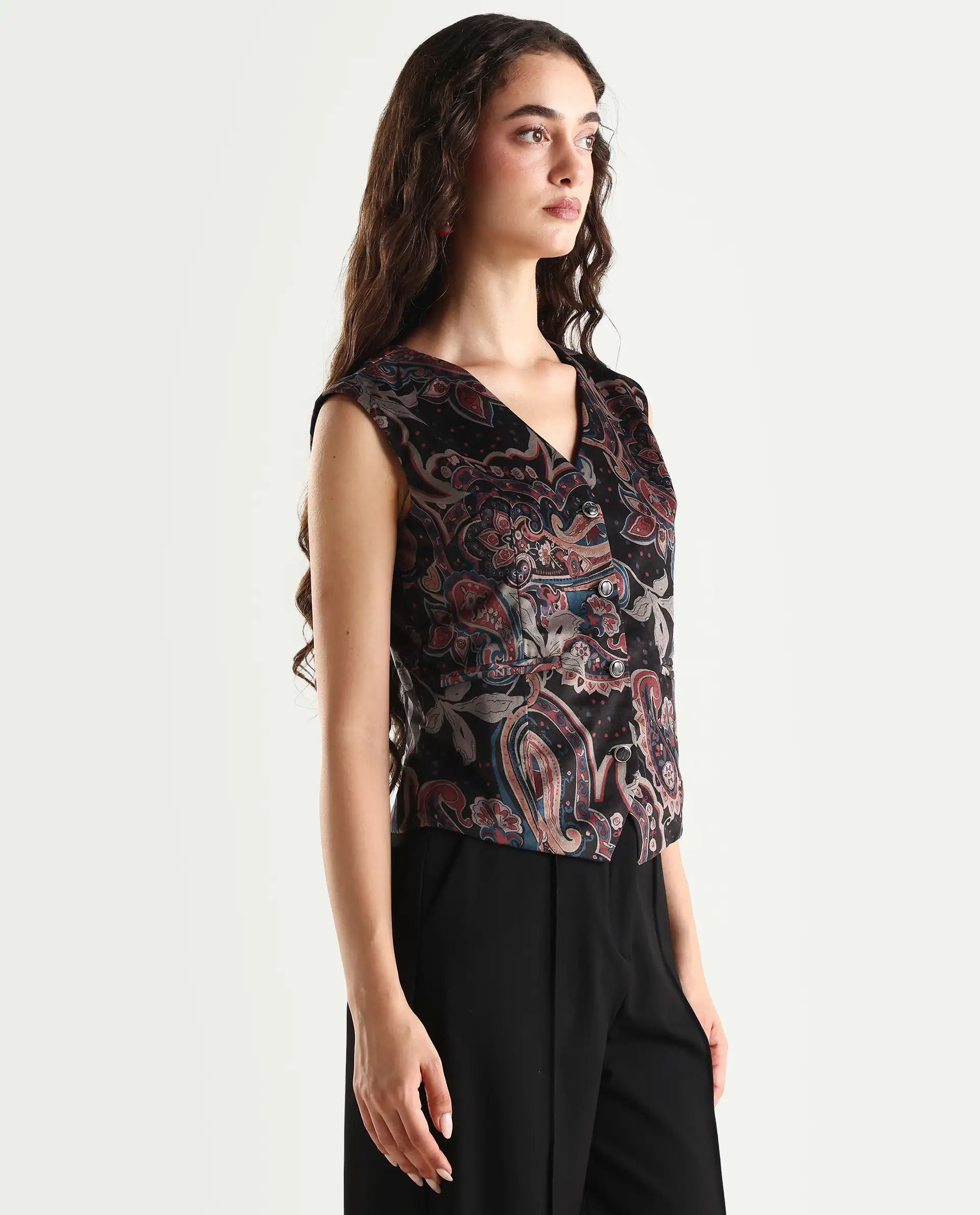 Rareism Women's Remen Multi Velvet V-Neck Paisley Print Sleeveless Regular Fitted Waist Coat - Image 6