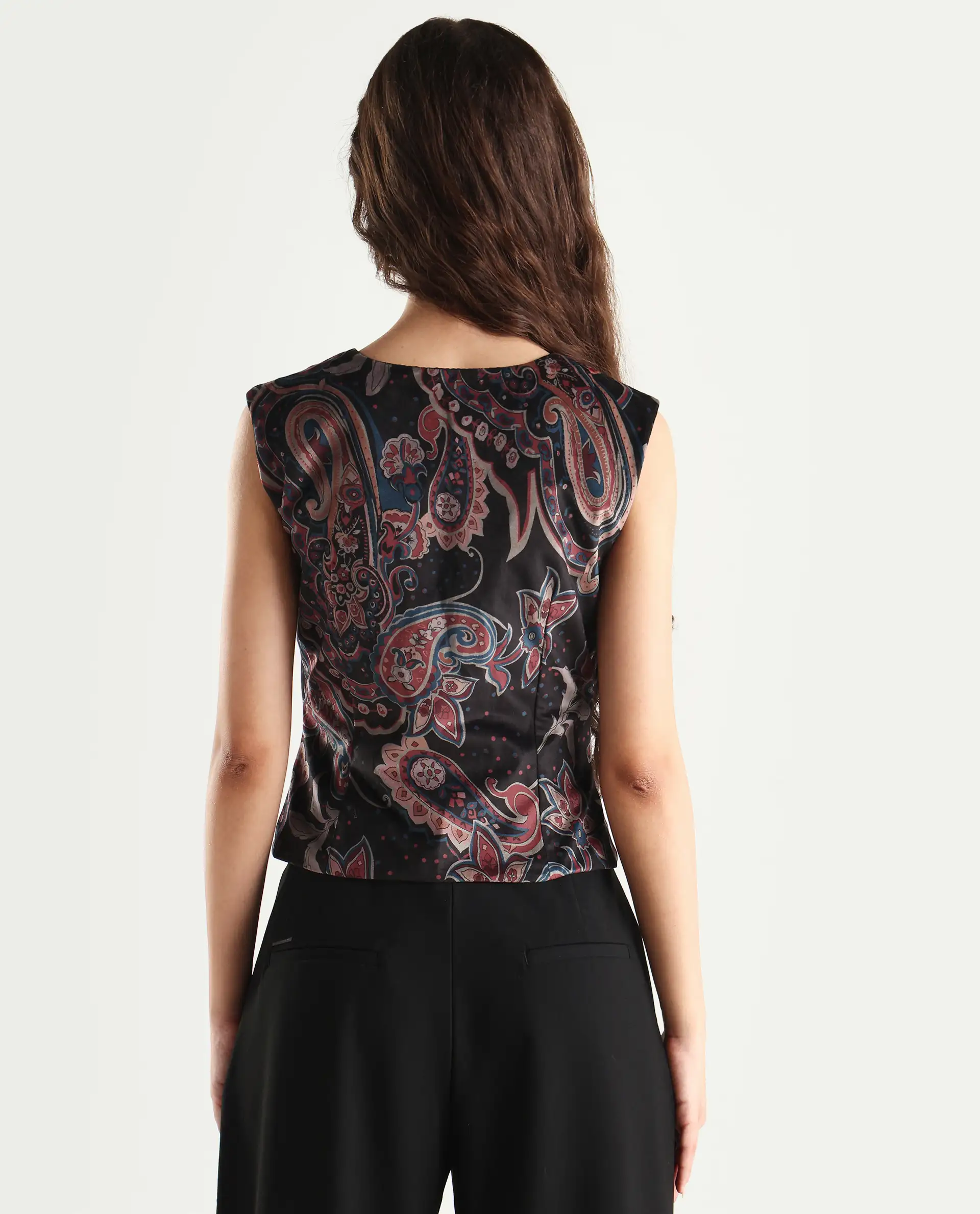 Rareism Women's Remen Multi Velvet V-Neck Paisley Print Sleeveless Regular Fitted Waist Coat - Image 7