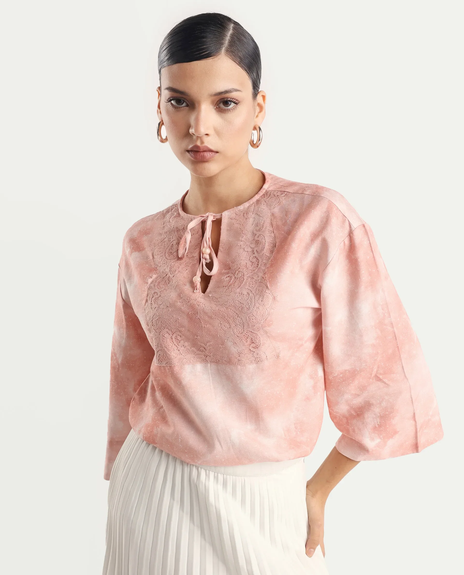Rareism Women's Remis Dusky Pink Rayon Tie-Up Neck Abstract Print Bell Sleeve Regular Fit Top