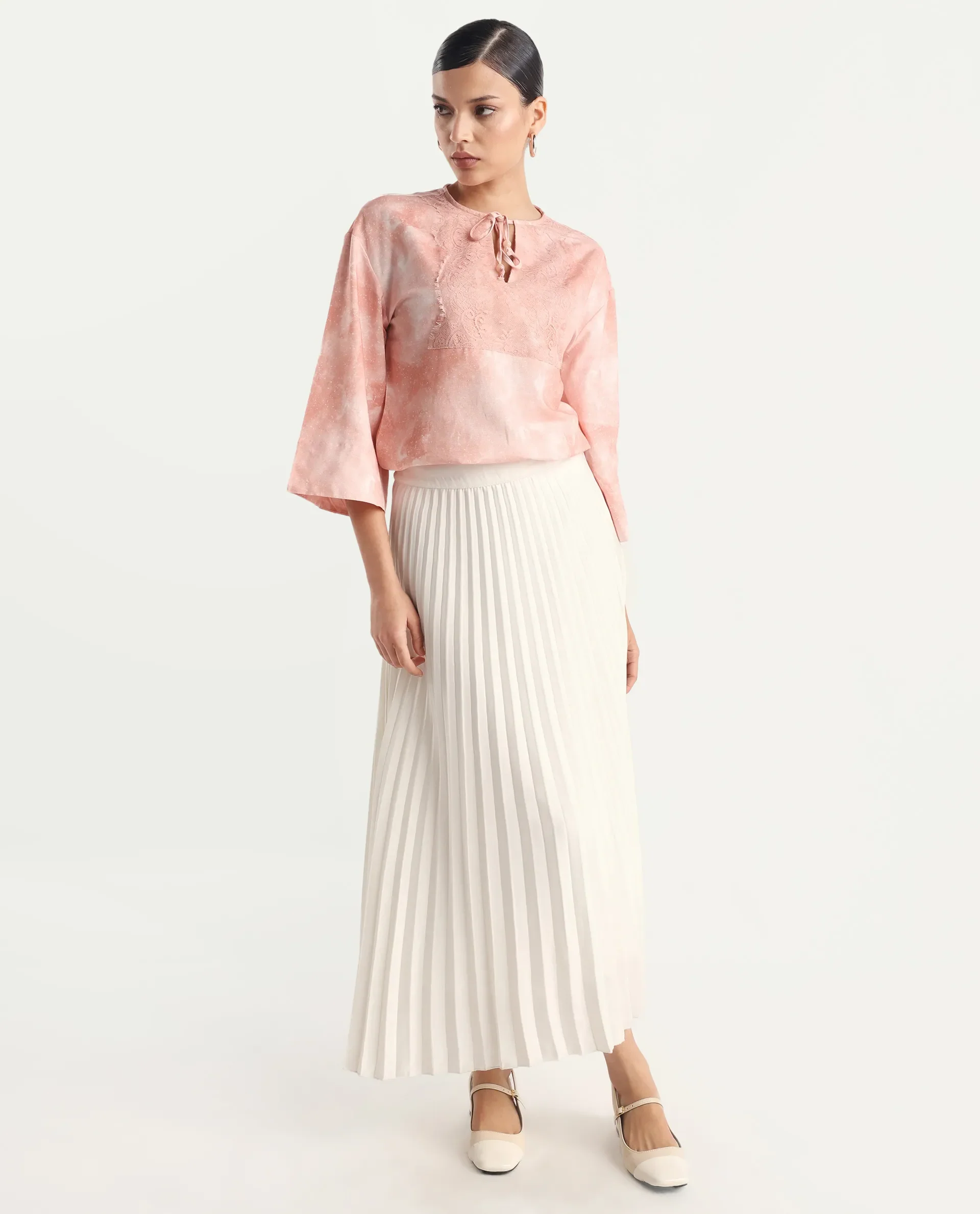 Rareism Women's Remis Dusky Pink Rayon Tie-Up Neck Abstract Print Bell Sleeve Regular Fit Top - Image 2