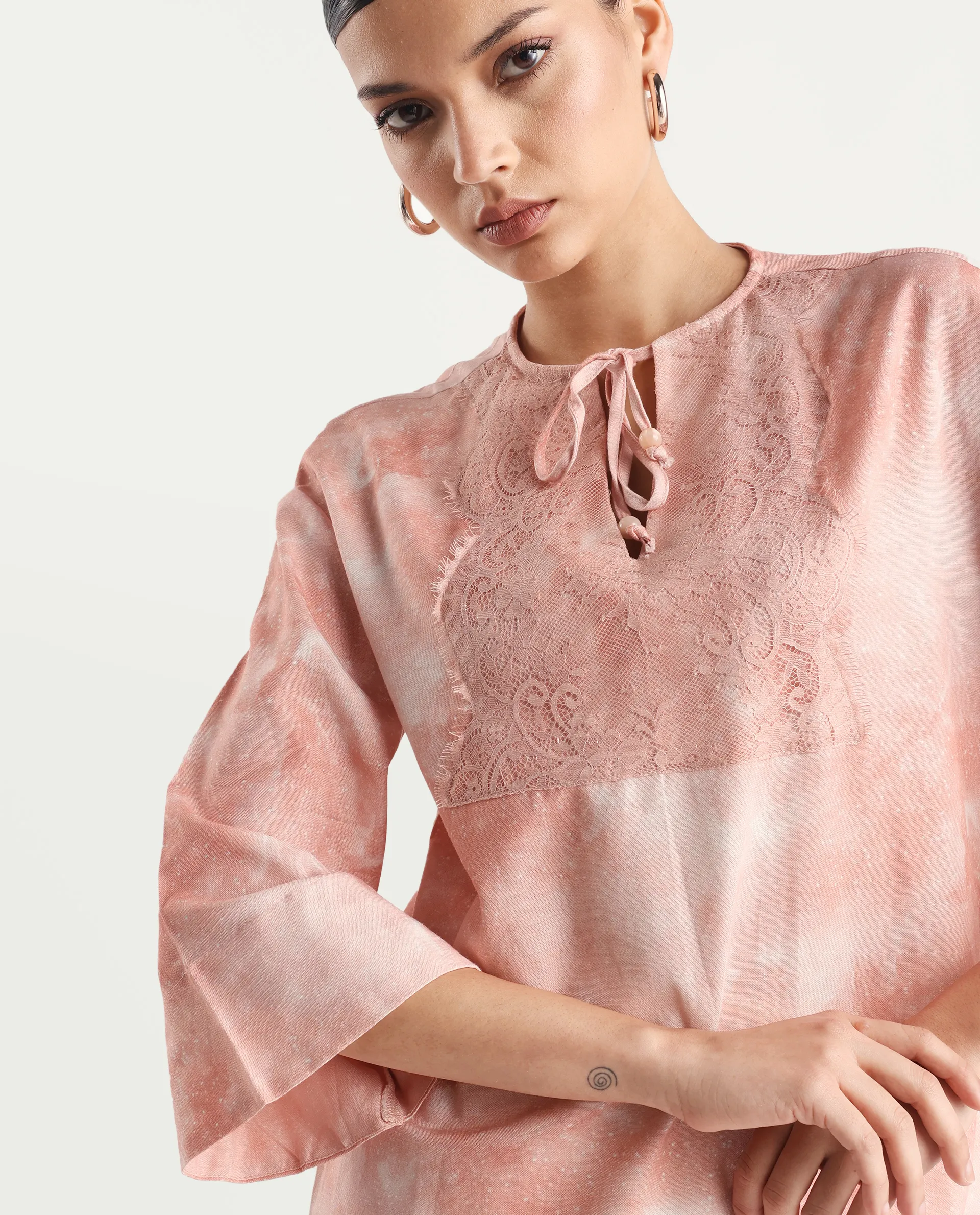 Rareism Women's Remis Dusky Pink Rayon Tie-Up Neck Abstract Print Bell Sleeve Regular Fit Top - Image 3
