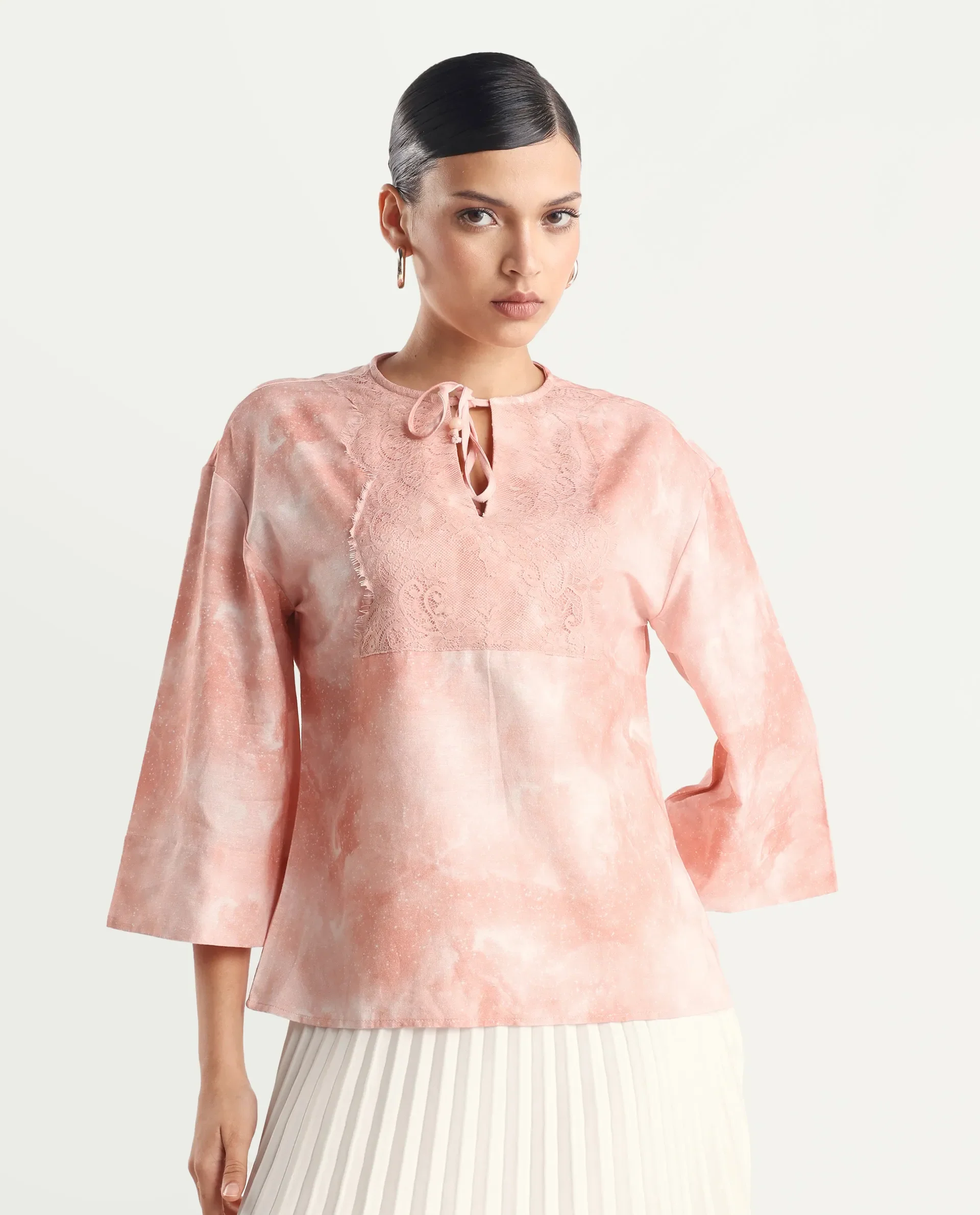 Rareism Women's Remis Dusky Pink Rayon Tie-Up Neck Abstract Print Bell Sleeve Regular Fit Top - Image 4