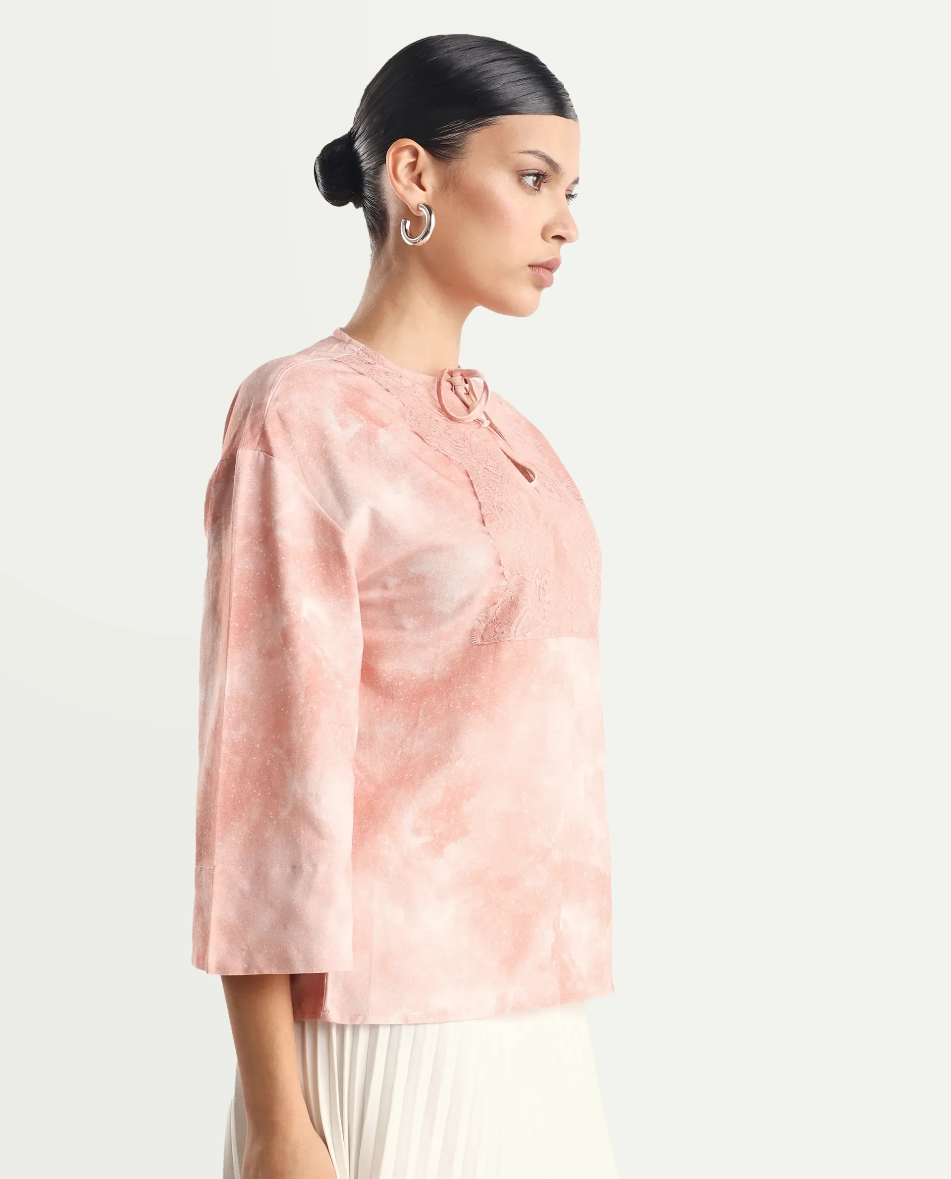 Rareism Women's Remis Dusky Pink Rayon Tie-Up Neck Abstract Print Bell Sleeve Regular Fit Top - Image 5