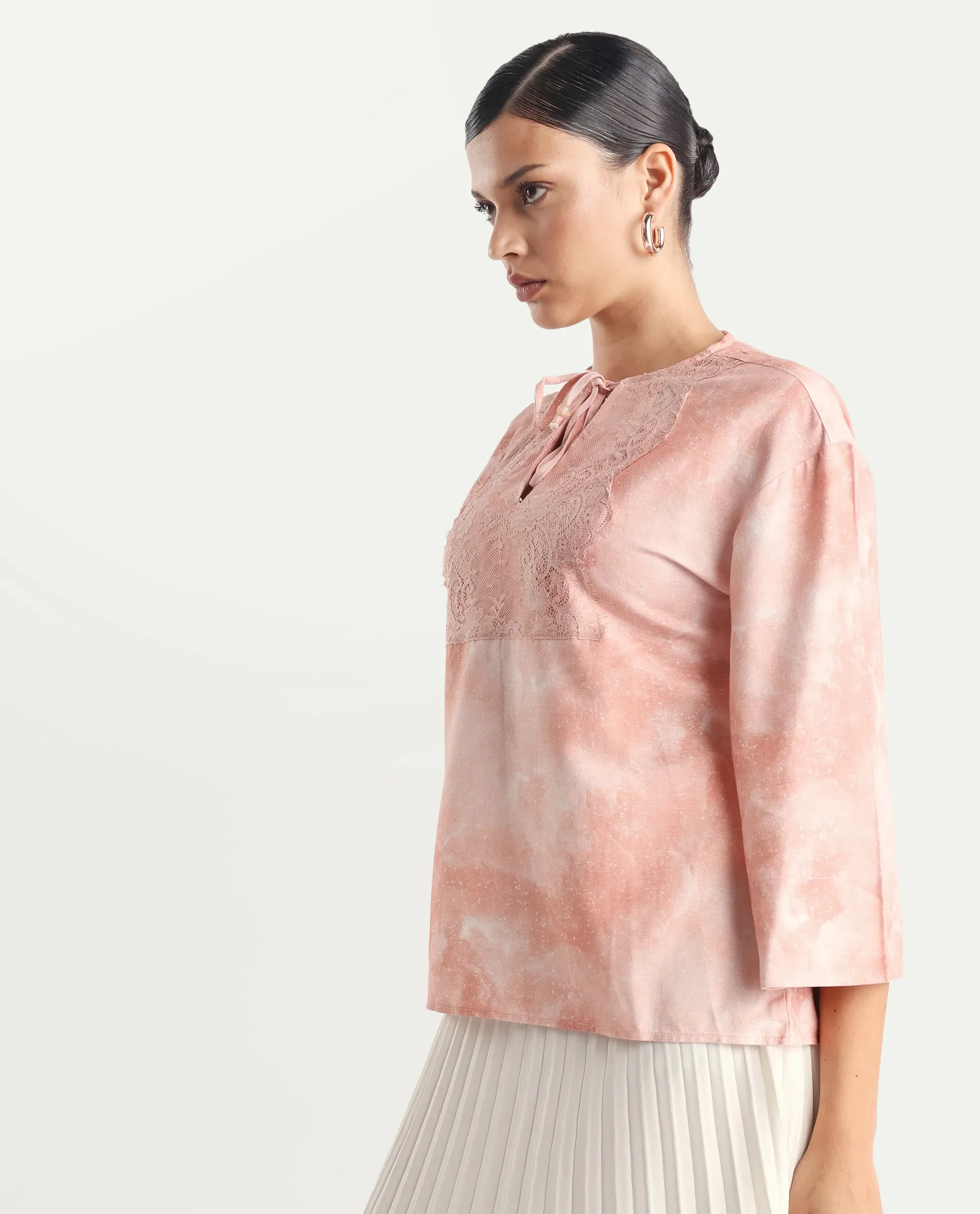Rareism Women's Remis Dusky Pink Rayon Tie-Up Neck Abstract Print Bell Sleeve Regular Fit Top - Image 6