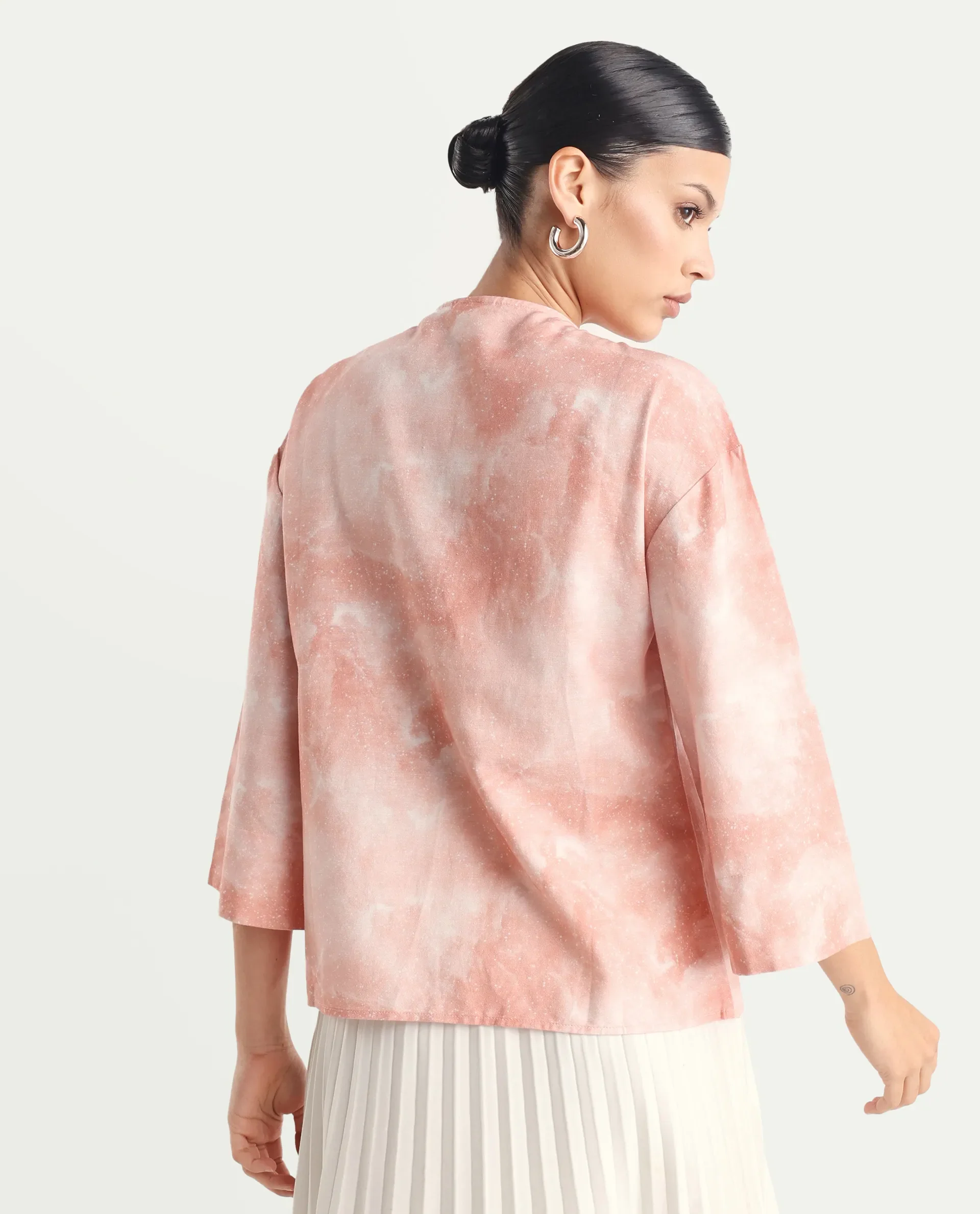 Rareism Women's Remis Dusky Pink Rayon Tie-Up Neck Abstract Print Bell Sleeve Regular Fit Top - Image 7