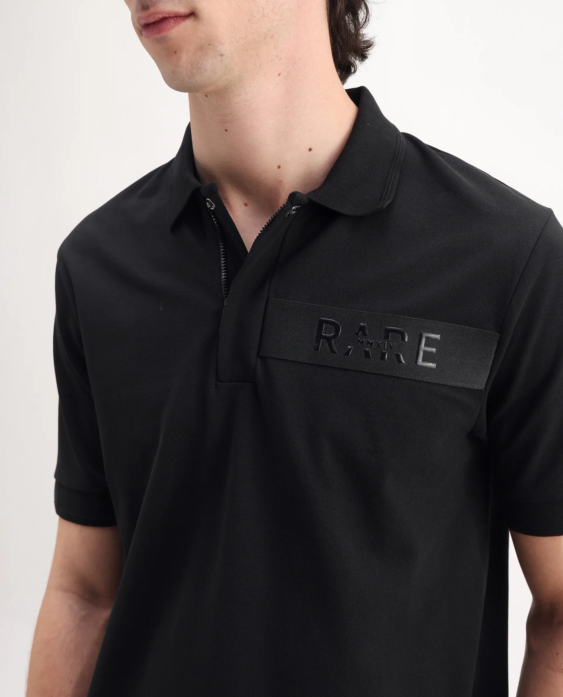 Rare Rabbit Men's Remo Black Cotton Blend Plain Regular Fit Half Sleeve Polo - Image 3