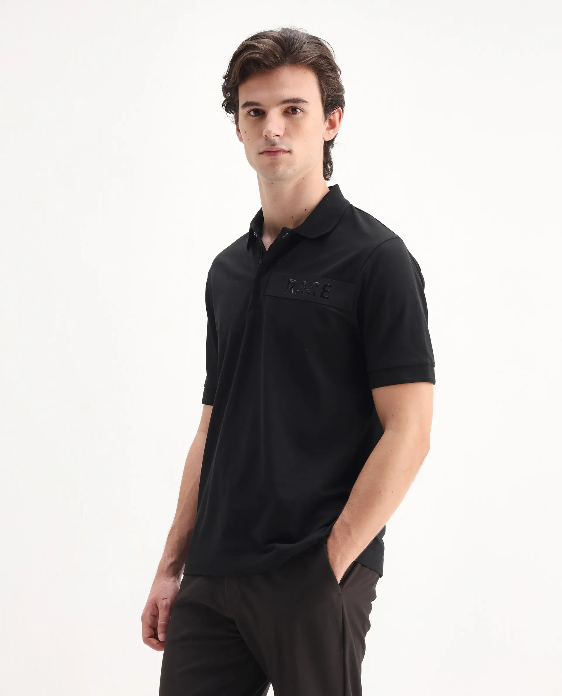 Rare Rabbit Men's Remo Black Cotton Blend Plain Regular Fit Half Sleeve Polo - Image 4