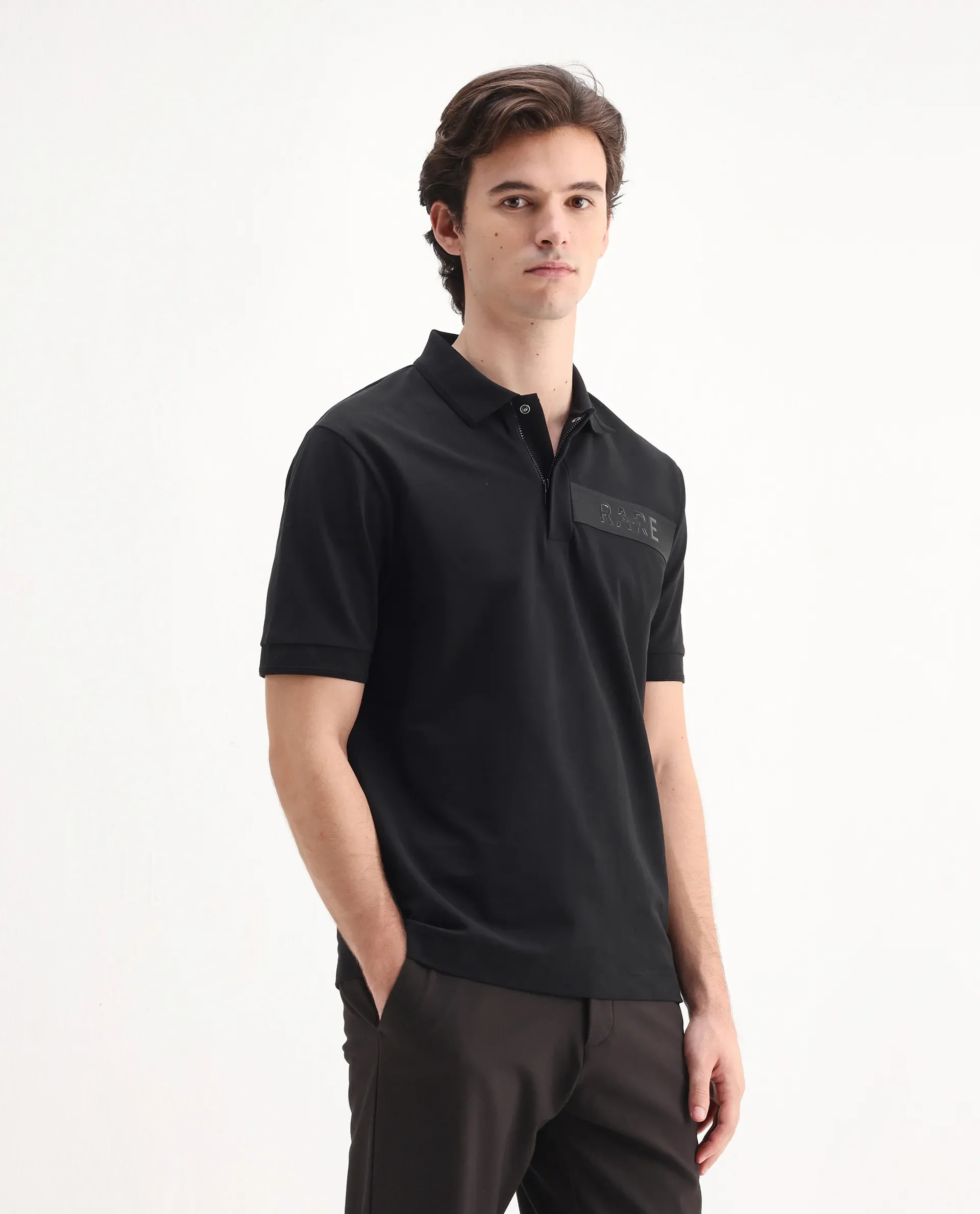 Rare Rabbit Men's Remo Black Cotton Blend Plain Regular Fit Half Sleeve Polo - Image 5
