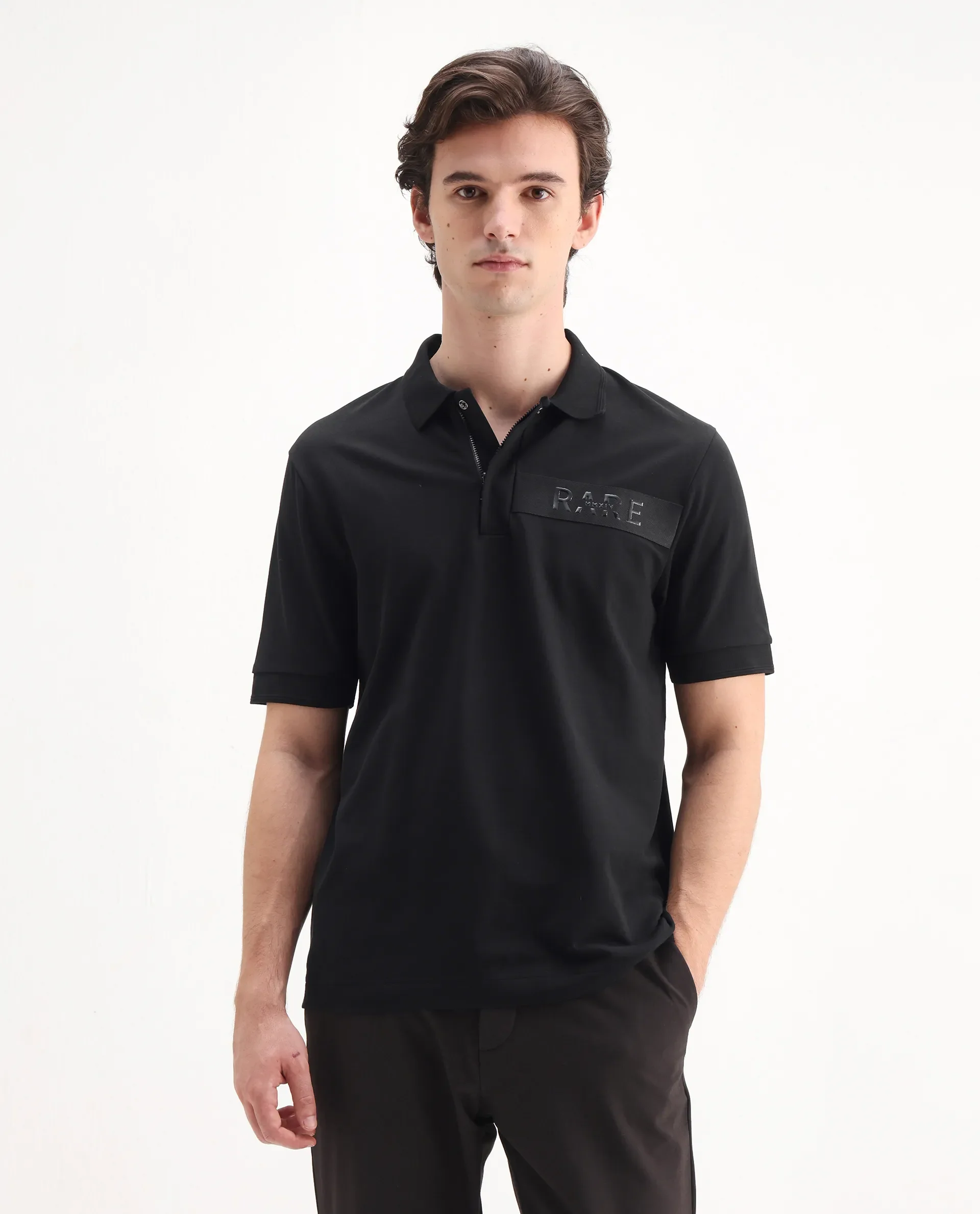 Rare Rabbit Men's Remo Black Cotton Blend Plain Regular Fit Half Sleeve Polo - Image 7