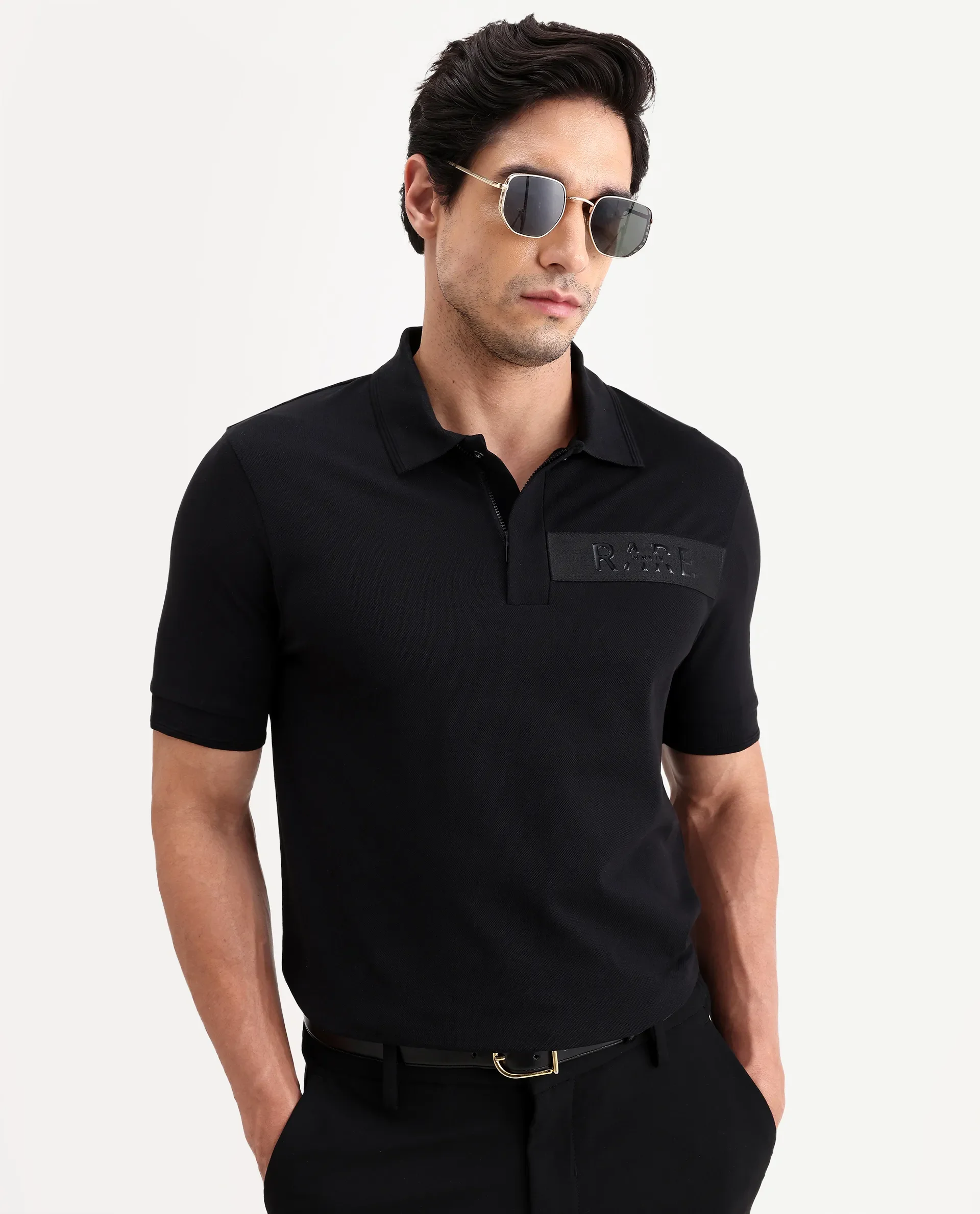 Rare Rabbit Men's Remo-S26 Black Cotton Blend Fabric Half Sleeve Spread Collar Regular Fit Plain Polo