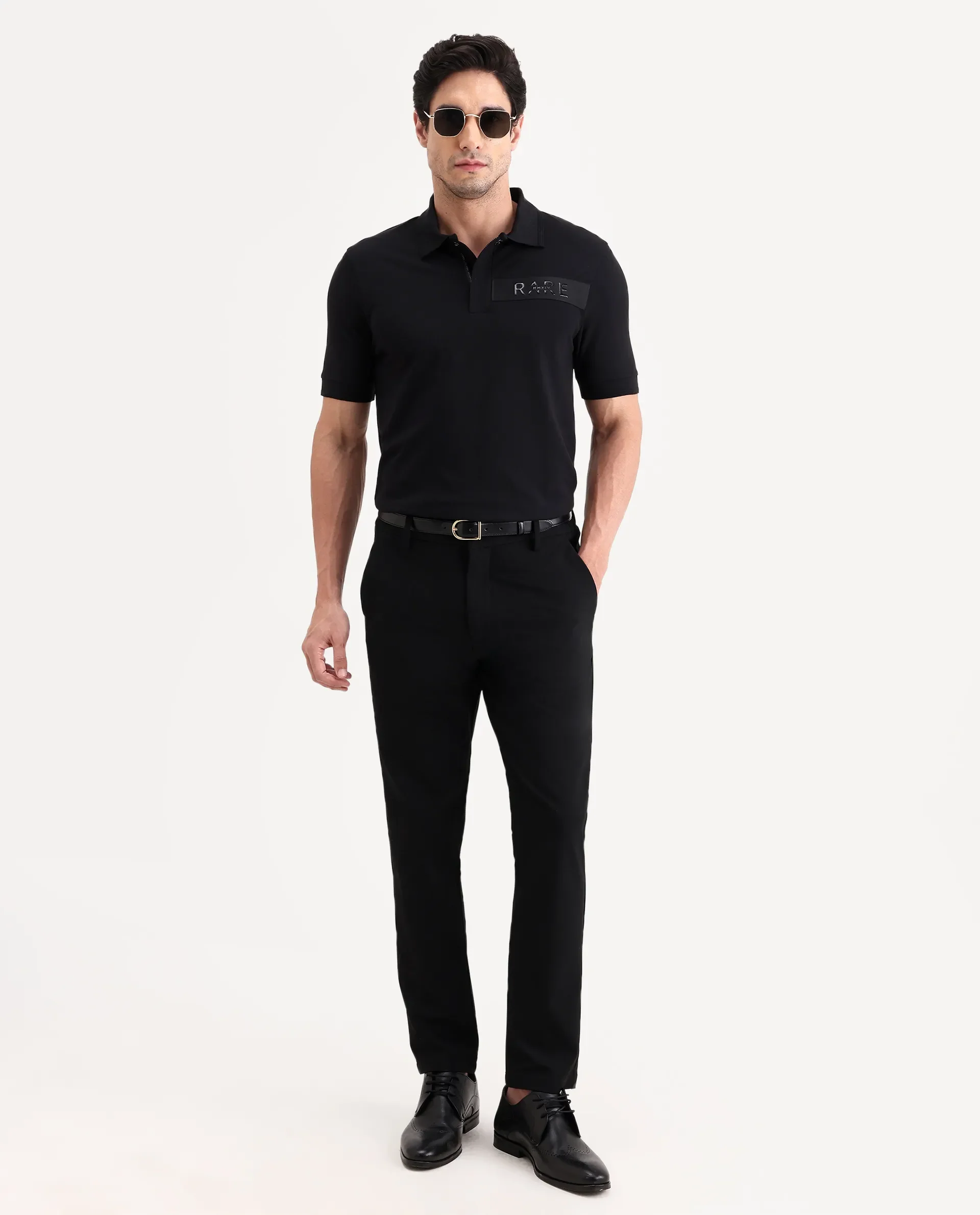Rare Rabbit Men's Remo-S26 Black Cotton Blend Fabric Half Sleeve Spread Collar Regular Fit Plain Polo - Image 2