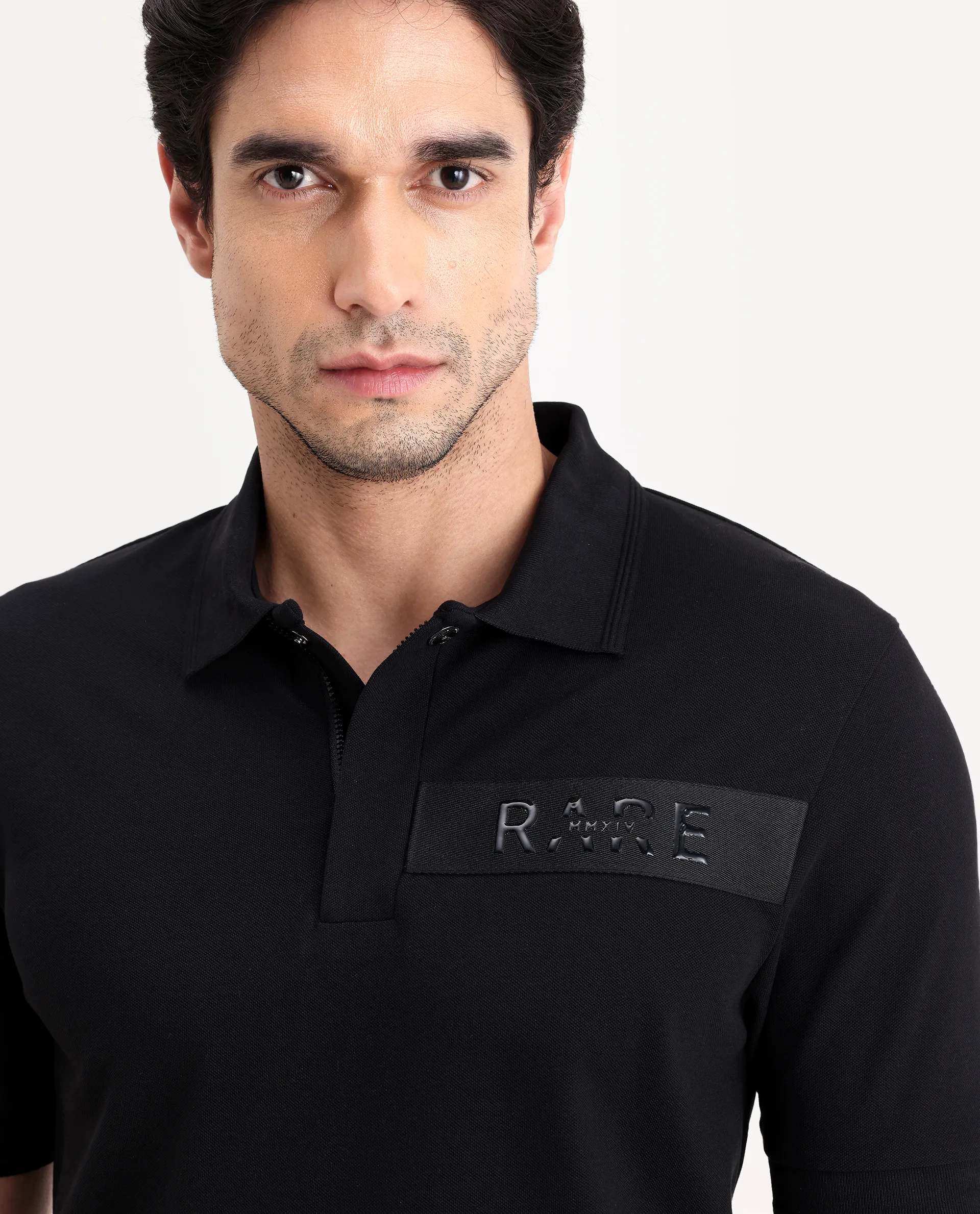 Rare Rabbit Men's Remo-S26 Black Cotton Blend Fabric Half Sleeve Spread Collar Regular Fit Plain Polo - Image 3
