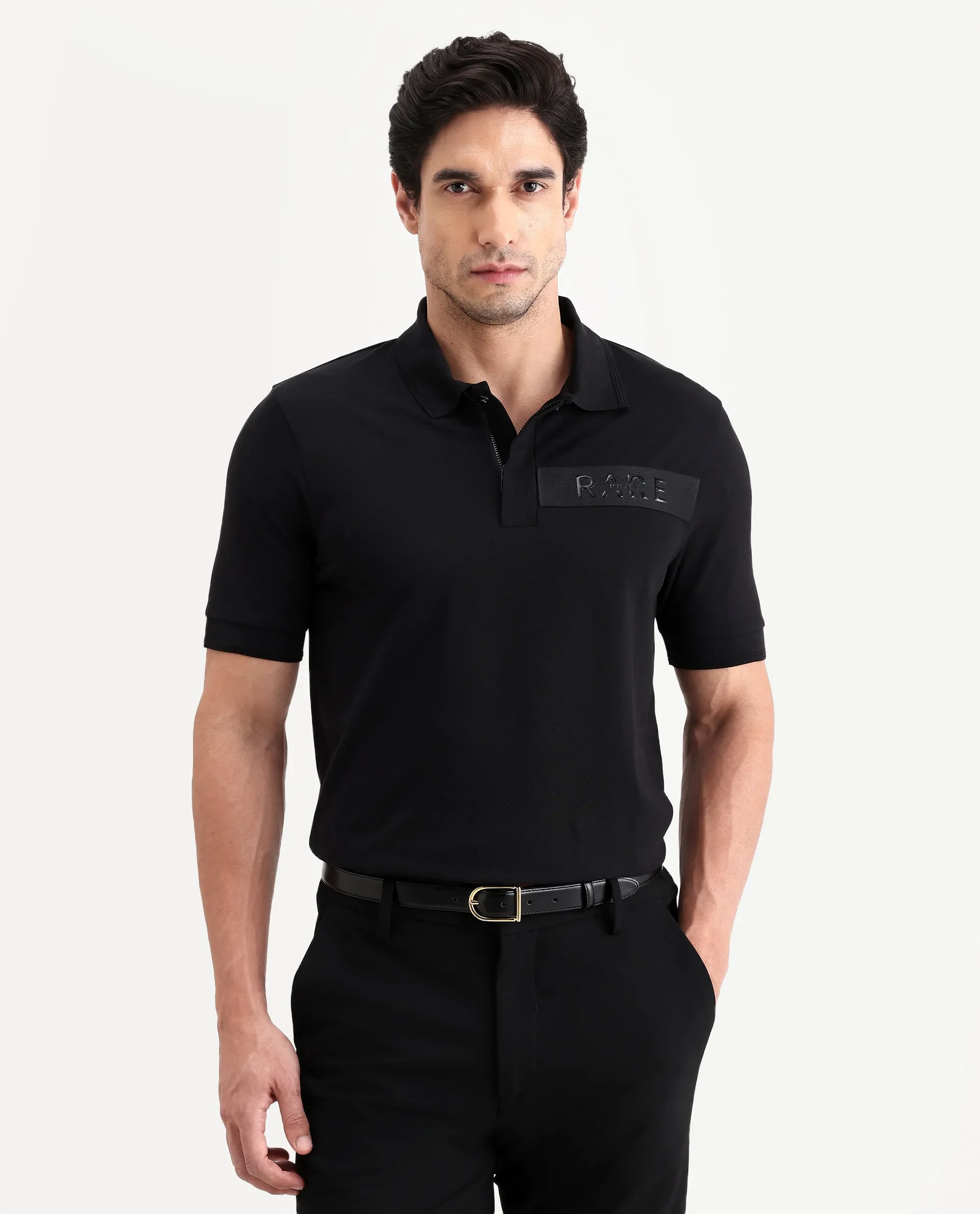 Rare Rabbit Men's Remo-S26 Black Cotton Blend Fabric Half Sleeve Spread Collar Regular Fit Plain Polo - Image 4