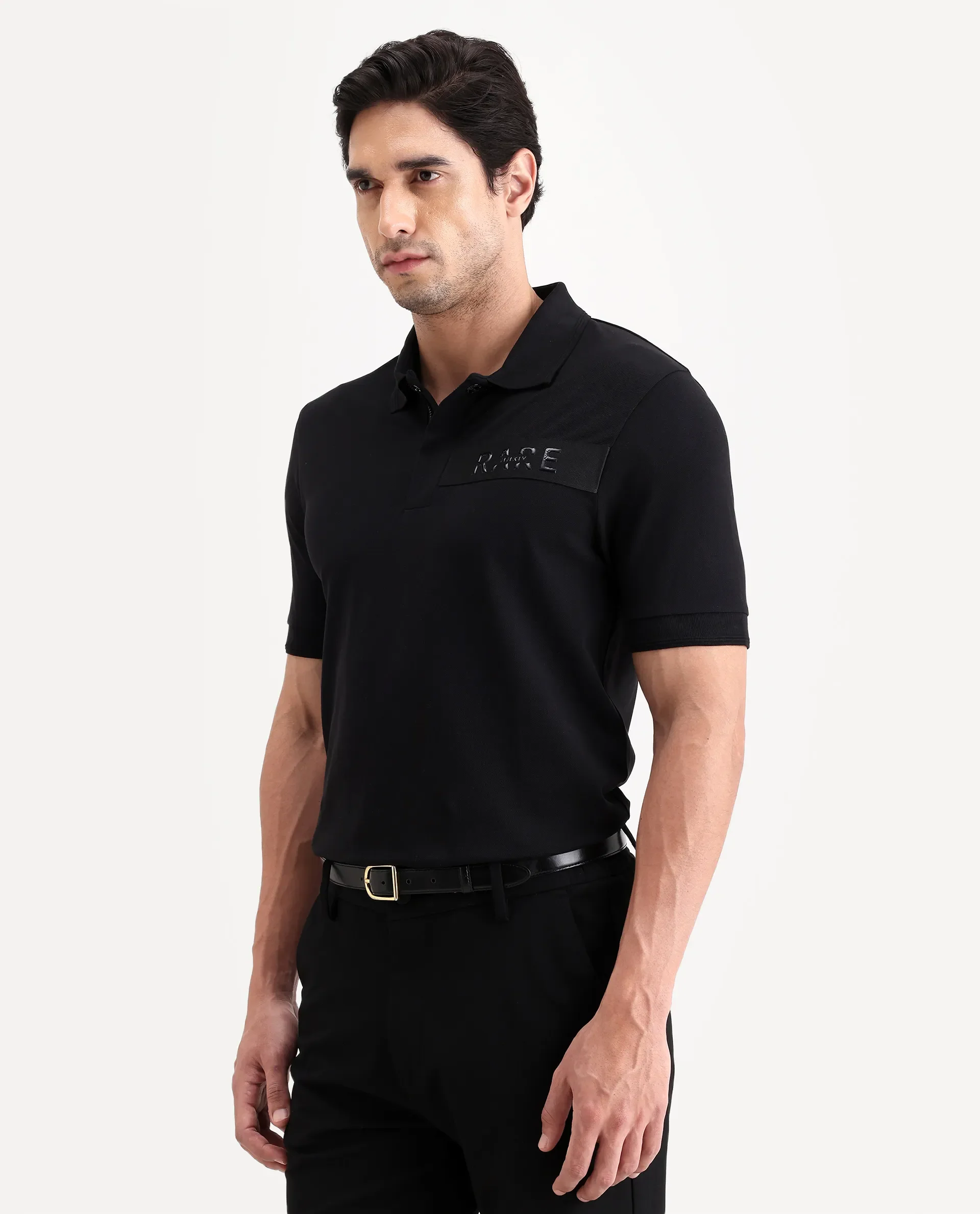 Rare Rabbit Men's Remo-S26 Black Cotton Blend Fabric Half Sleeve Spread Collar Regular Fit Plain Polo - Image 5