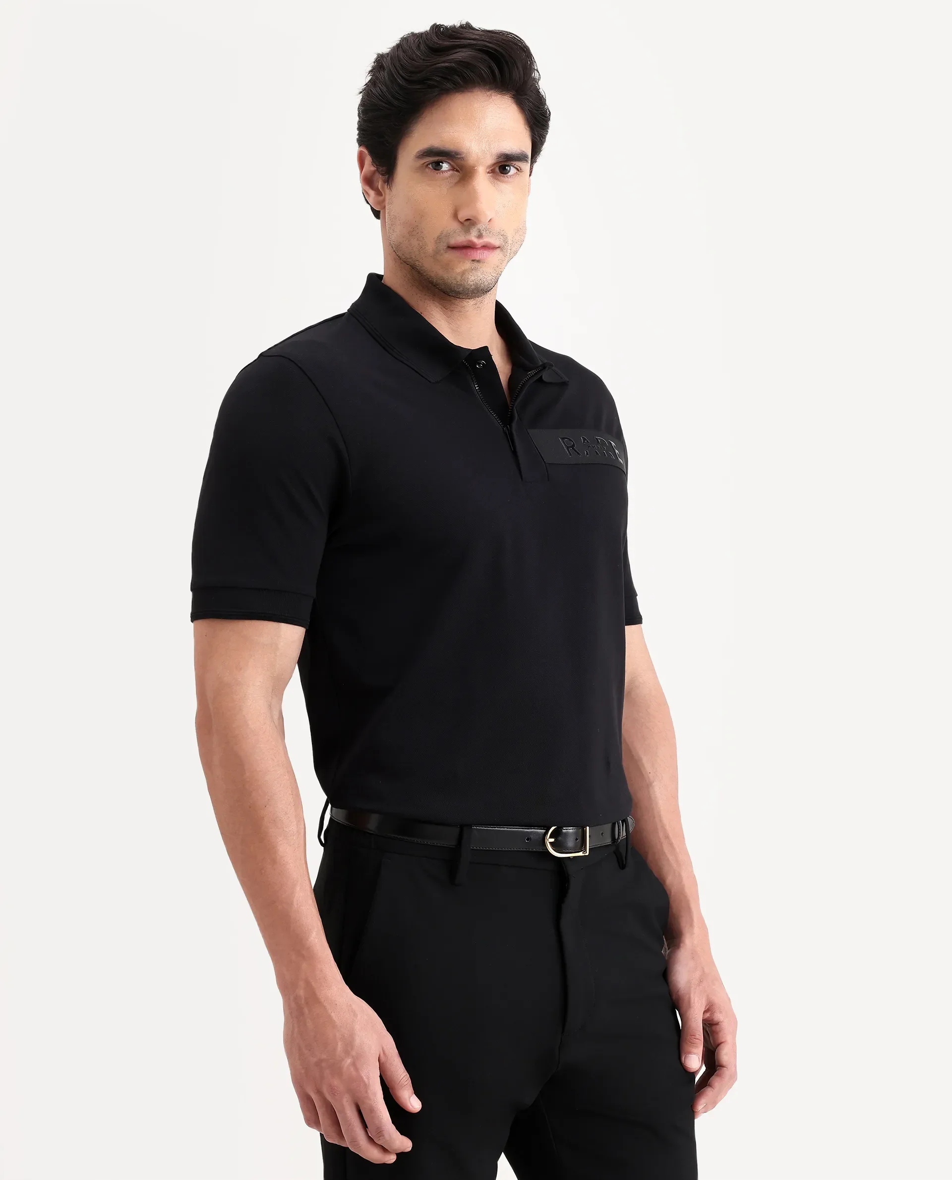 Rare Rabbit Men's Remo-S26 Black Cotton Blend Fabric Half Sleeve Spread Collar Regular Fit Plain Polo - Image 6