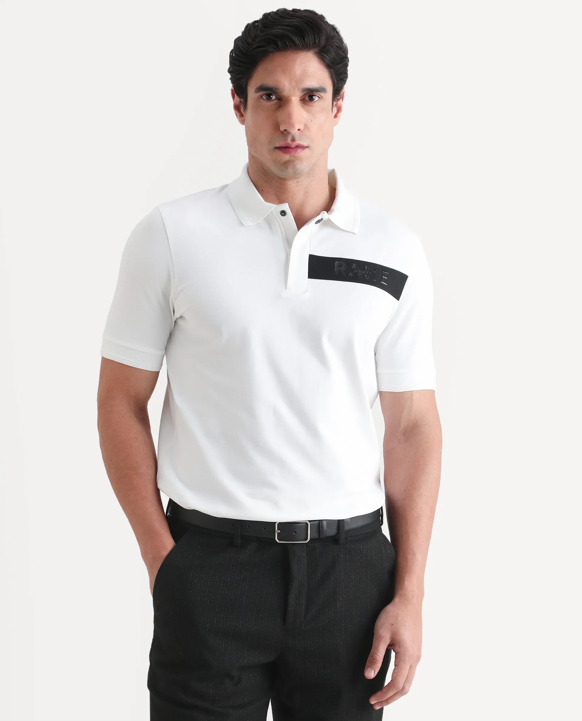 Rare Rabbit Men's Remo-S26 White Cotton Blend Fabric Half Sleeve Spread Collar Regular Fit Plain Polo - Image 4