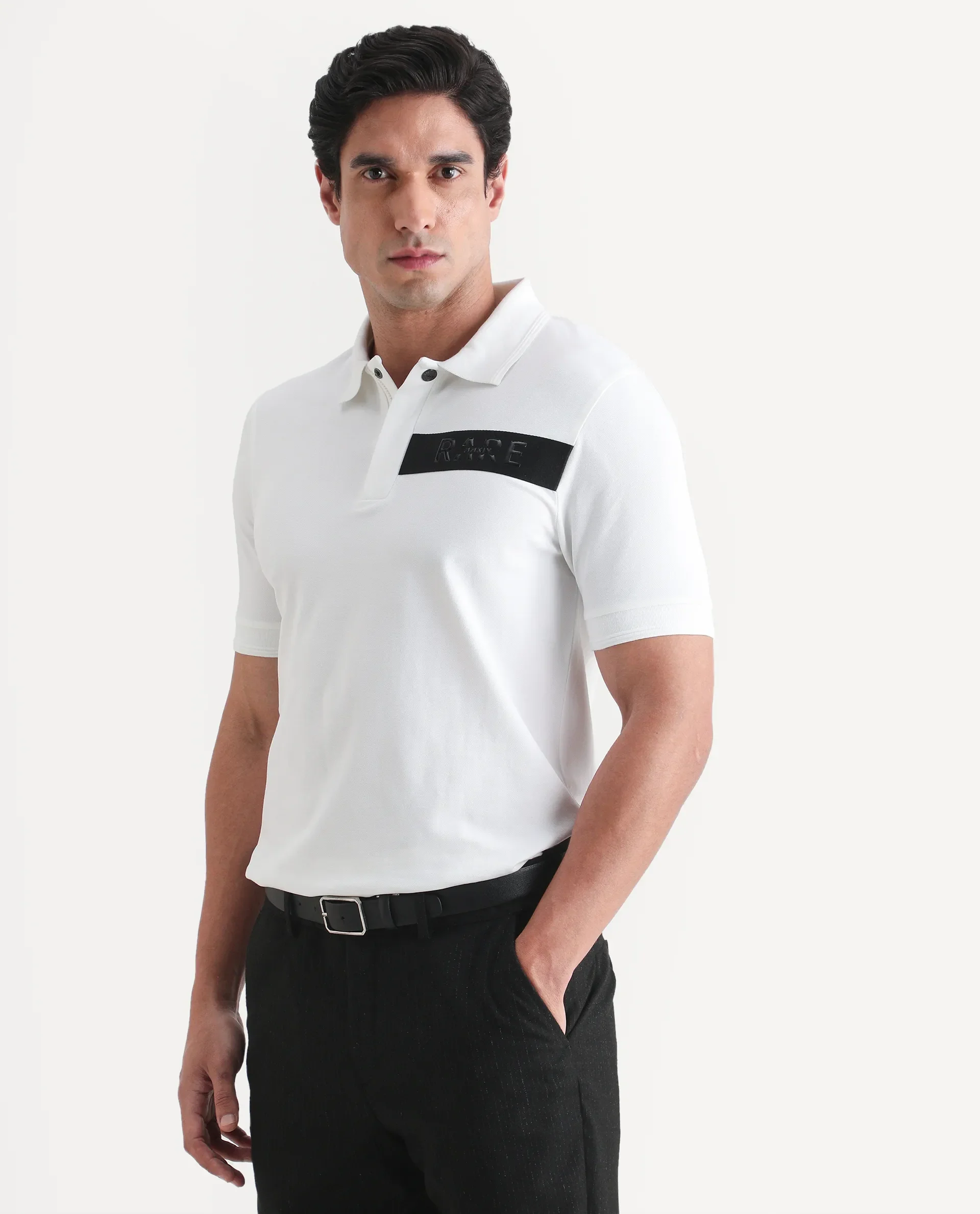 Rare Rabbit Men's Remo-S26 White Cotton Blend Fabric Half Sleeve Spread Collar Regular Fit Plain Polo - Image 5