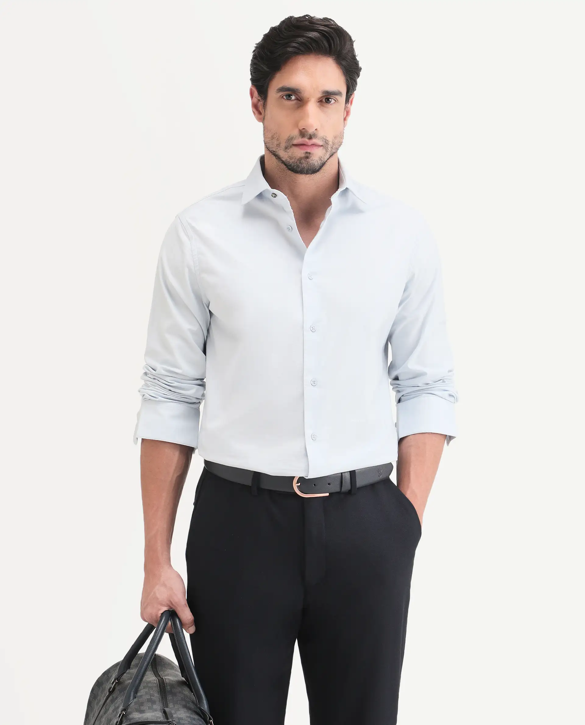 Rare Rabbit Men's Remob Light Blue Cotton Blend Fabric Full Sleeve Regular Fit Plain Shirt