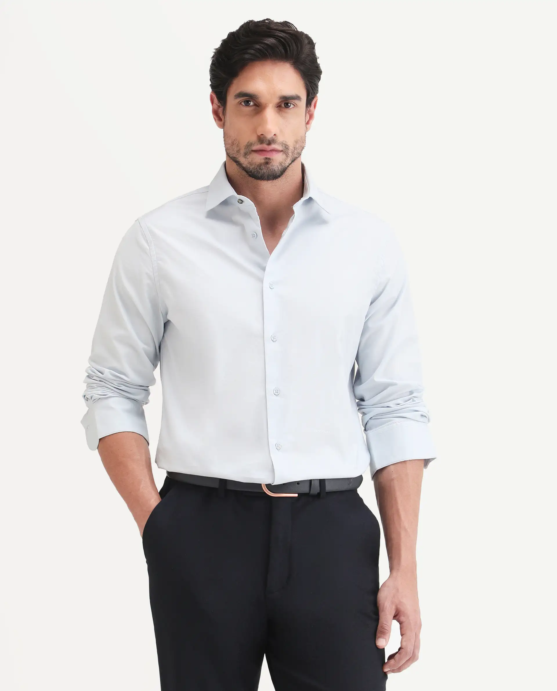 Rare Rabbit Men's Remob Light Blue Cotton Blend Fabric Full Sleeve Regular Fit Plain Shirt - Image 4