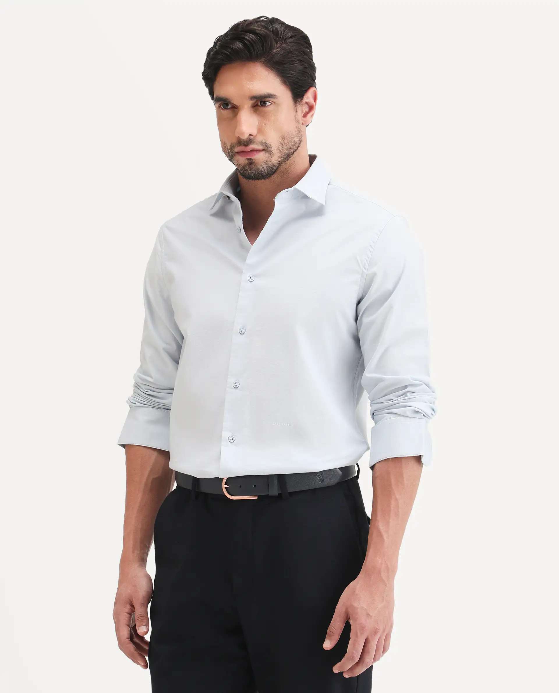 Rare Rabbit Men's Remob Light Blue Cotton Blend Fabric Full Sleeve Regular Fit Plain Shirt - Image 5