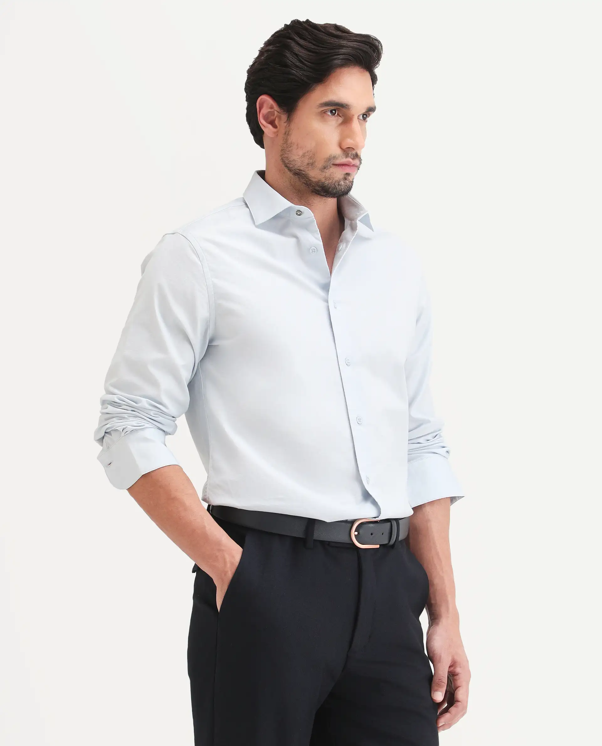 Rare Rabbit Men's Remob Light Blue Cotton Blend Fabric Full Sleeve Regular Fit Plain Shirt - Image 6