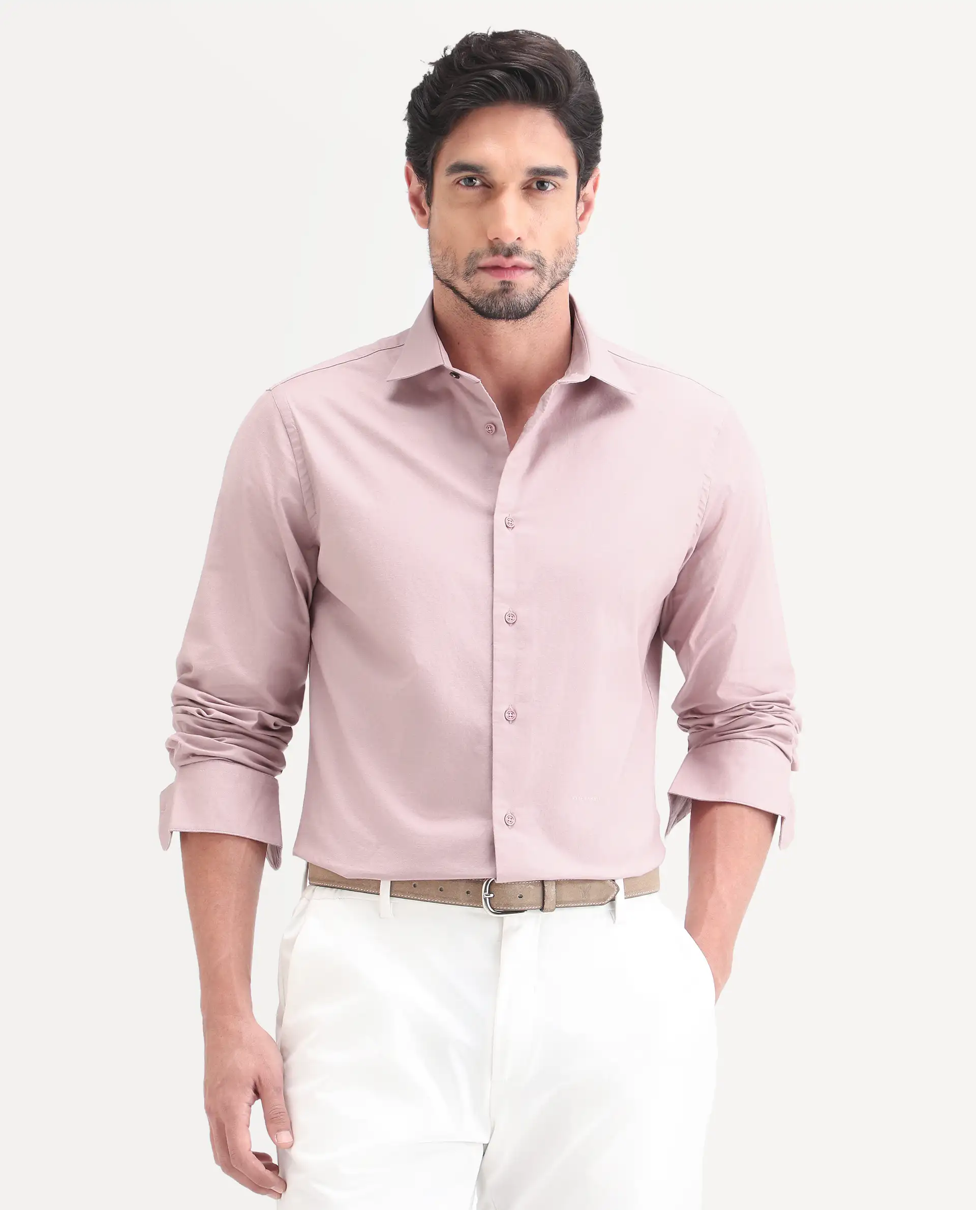 Rare Rabbit Men's Remob Light Pink Cotton Blend Fabric Full Sleeve Regular Fit Plain Shirt - Image 4