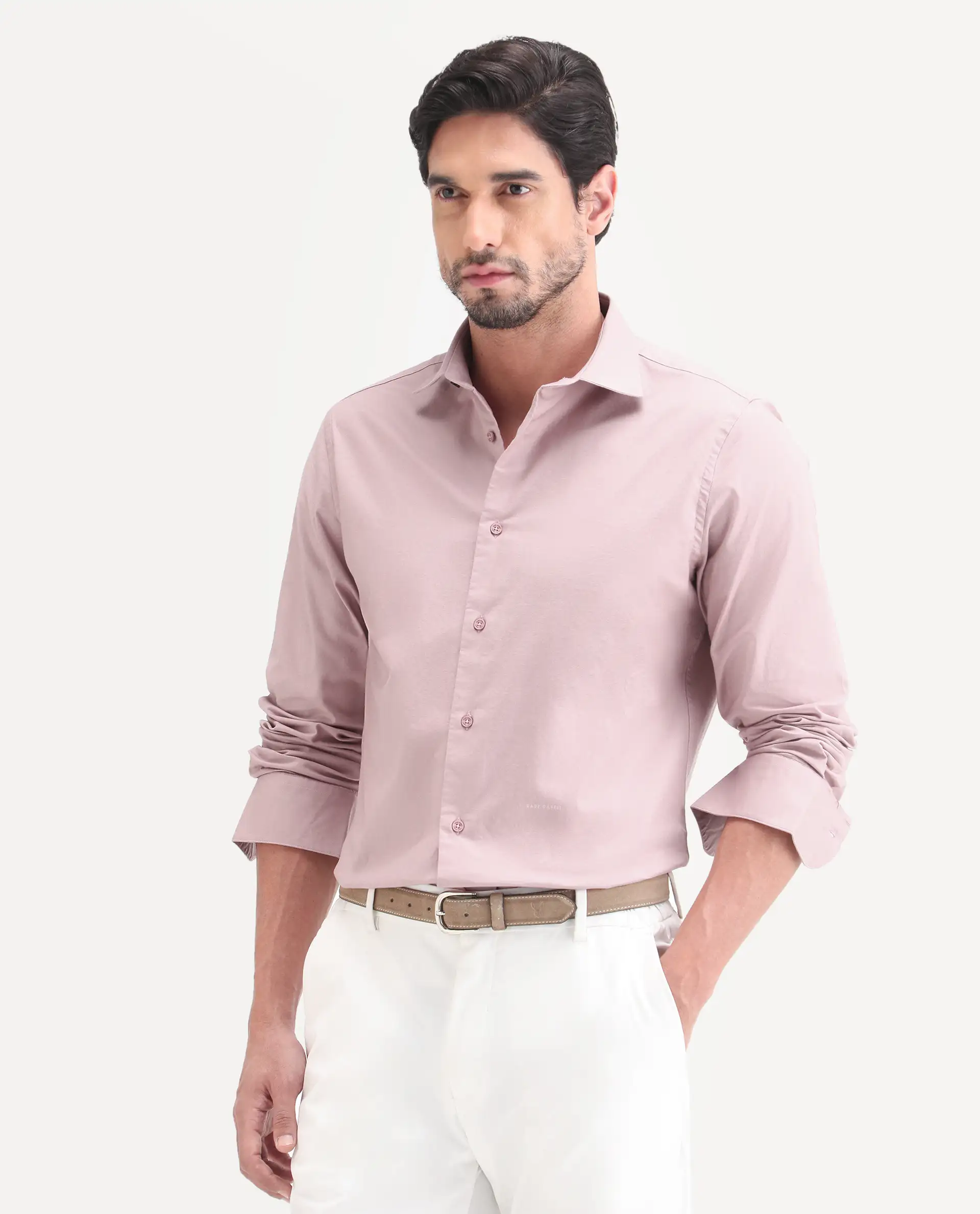 Rare Rabbit Men's Remob Light Pink Cotton Blend Fabric Full Sleeve Regular Fit Plain Shirt - Image 5