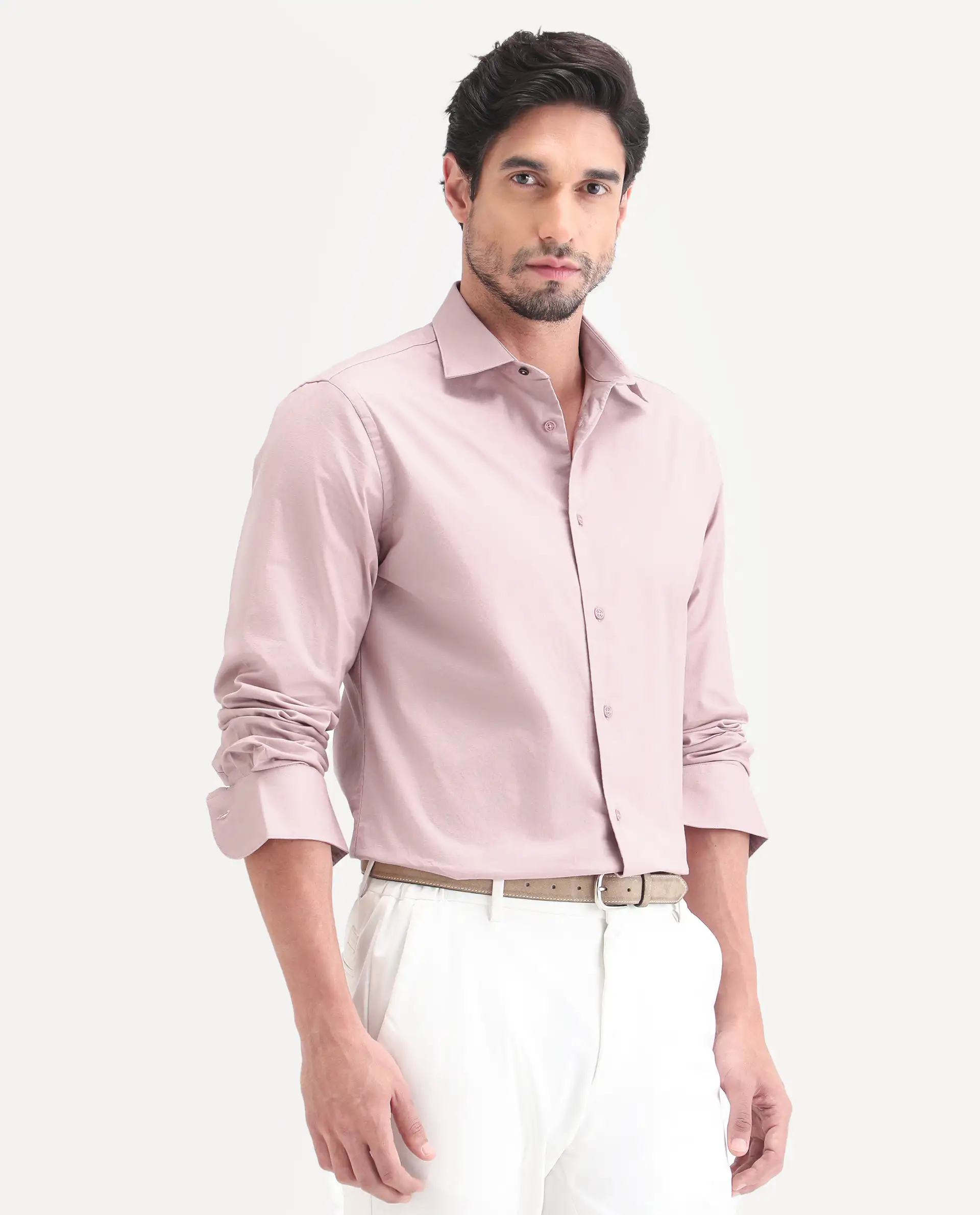 Rare Rabbit Men's Remob Light Pink Cotton Blend Fabric Full Sleeve Regular Fit Plain Shirt - Image 6