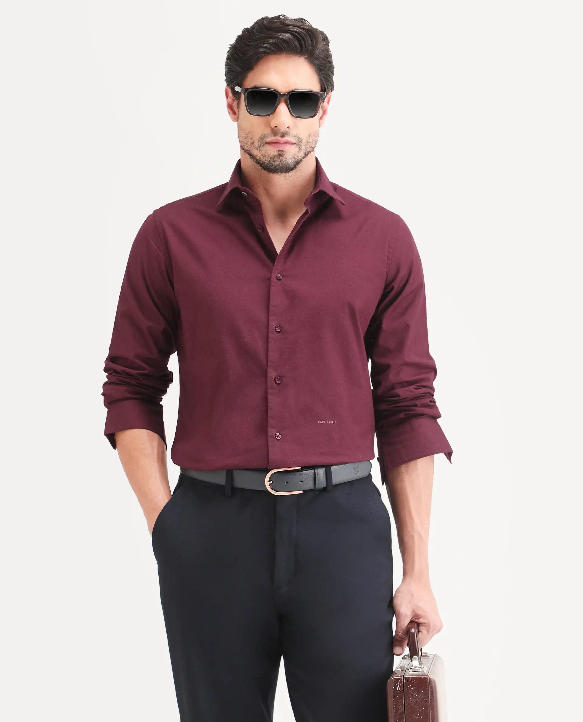 Rare Rabbit Men's Remob Maroon Cotton Blend Fabric Full Sleeve Regular Fit Plain Shirt
