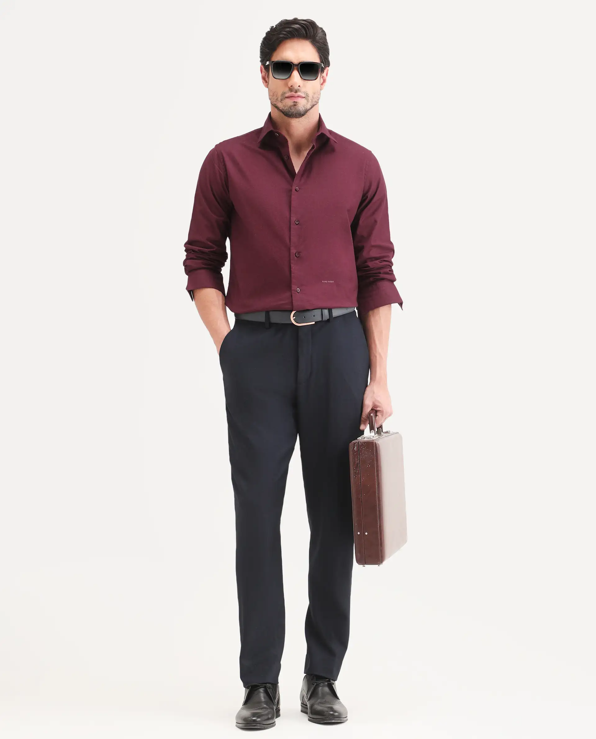 Rare Rabbit Men's Remob Maroon Cotton Blend Fabric Full Sleeve Regular Fit Plain Shirt - Image 2