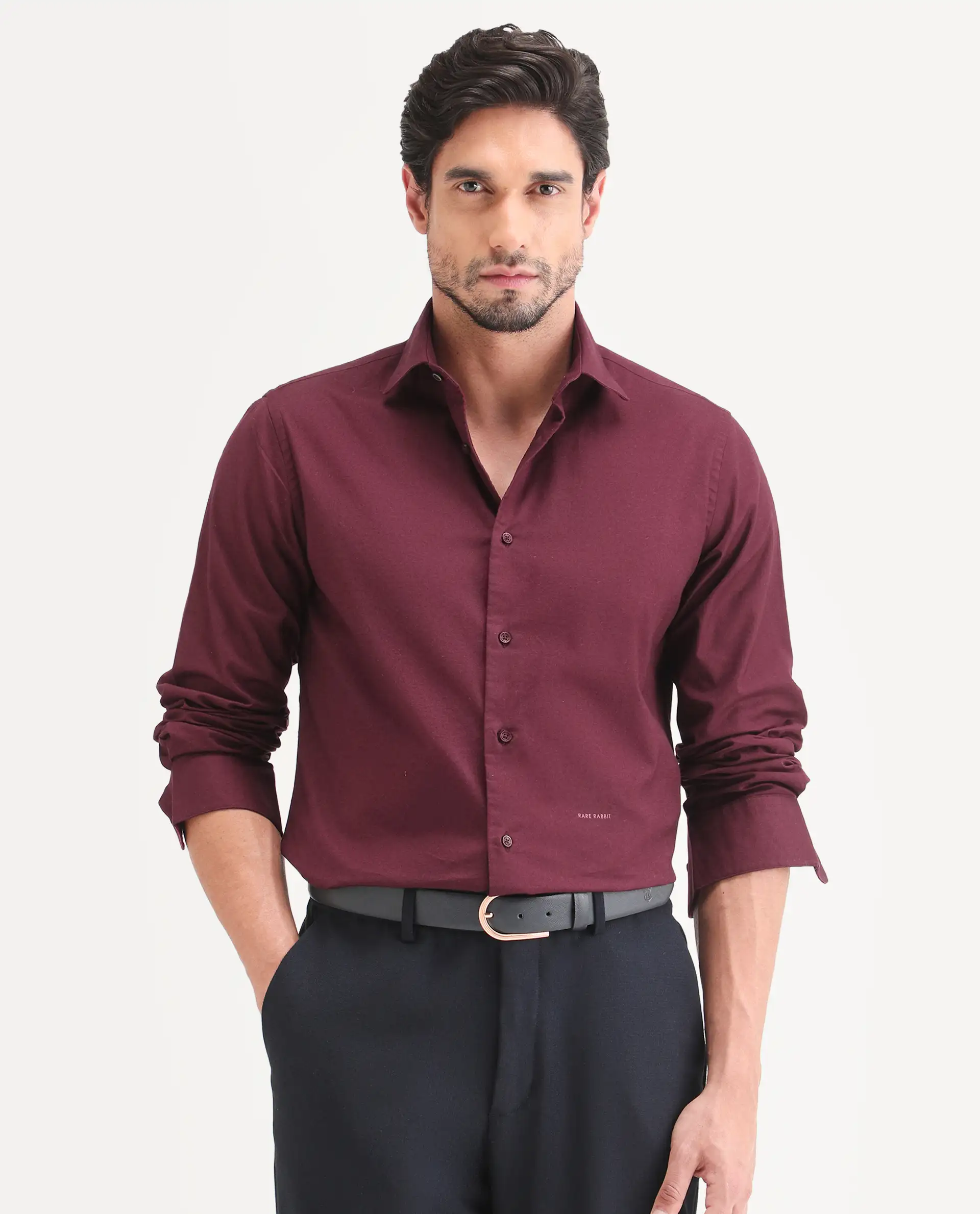 Rare Rabbit Men's Remob Maroon Cotton Blend Fabric Full Sleeve Regular Fit Plain Shirt - Image 4
