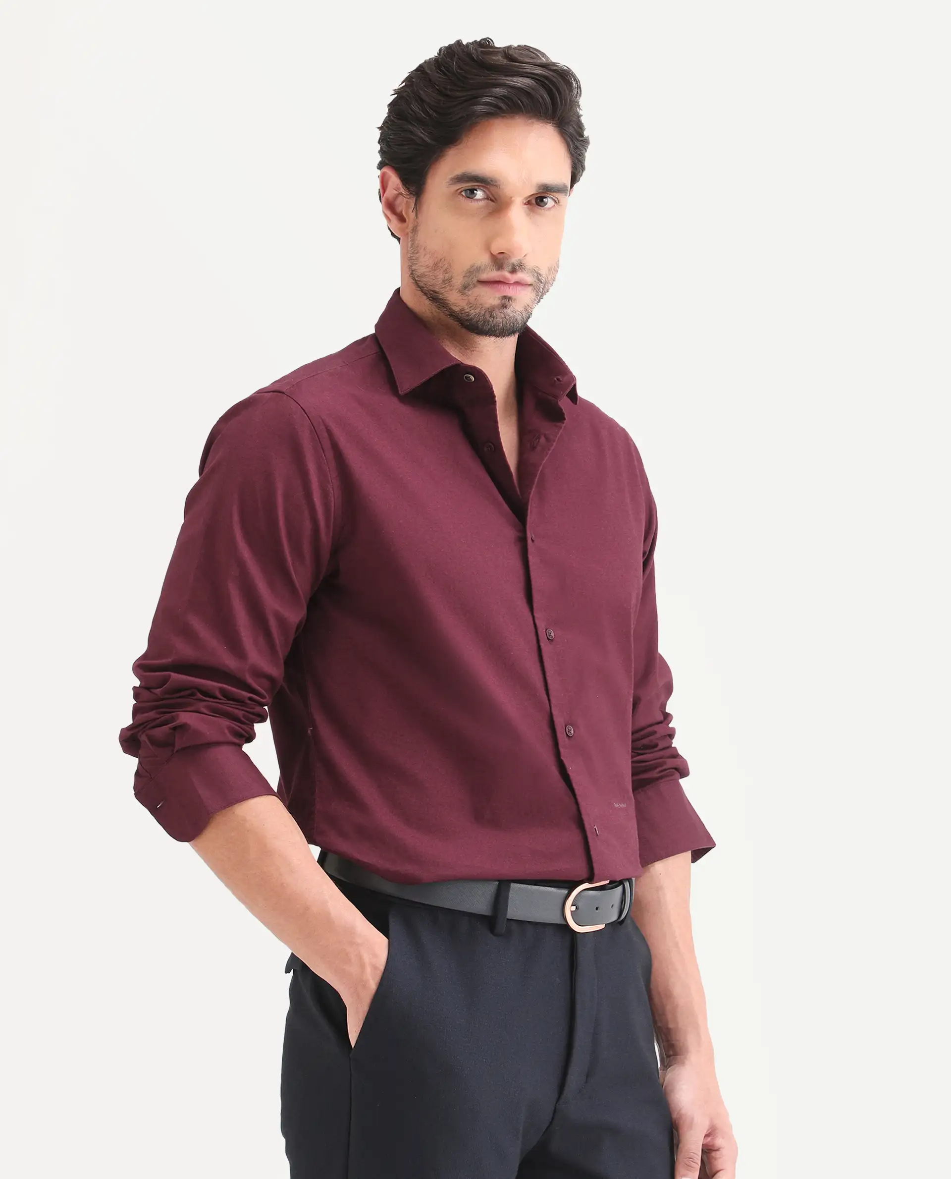 Rare Rabbit Men's Remob Maroon Cotton Blend Fabric Full Sleeve Regular Fit Plain Shirt - Image 5