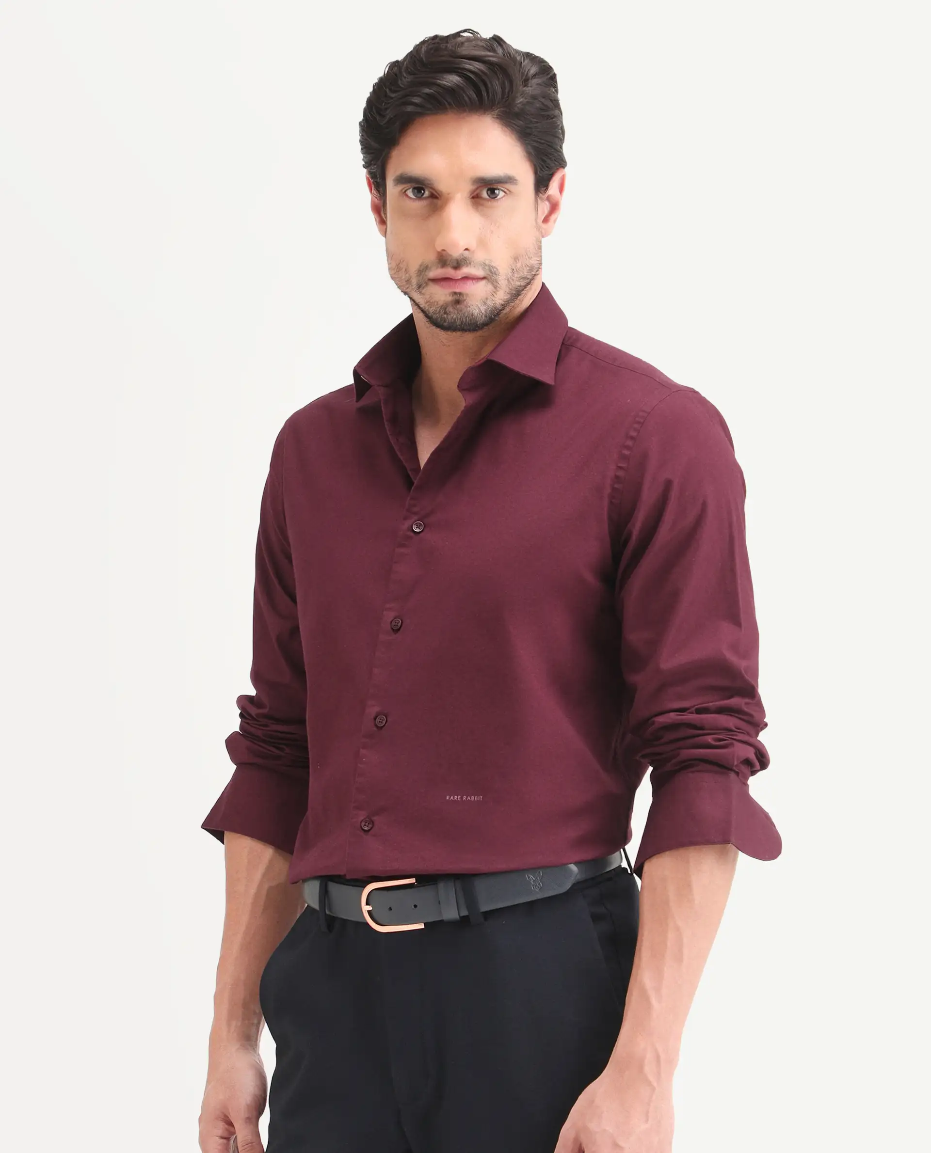 Rare Rabbit Men's Remob Maroon Cotton Blend Fabric Full Sleeve Regular Fit Plain Shirt - Image 6