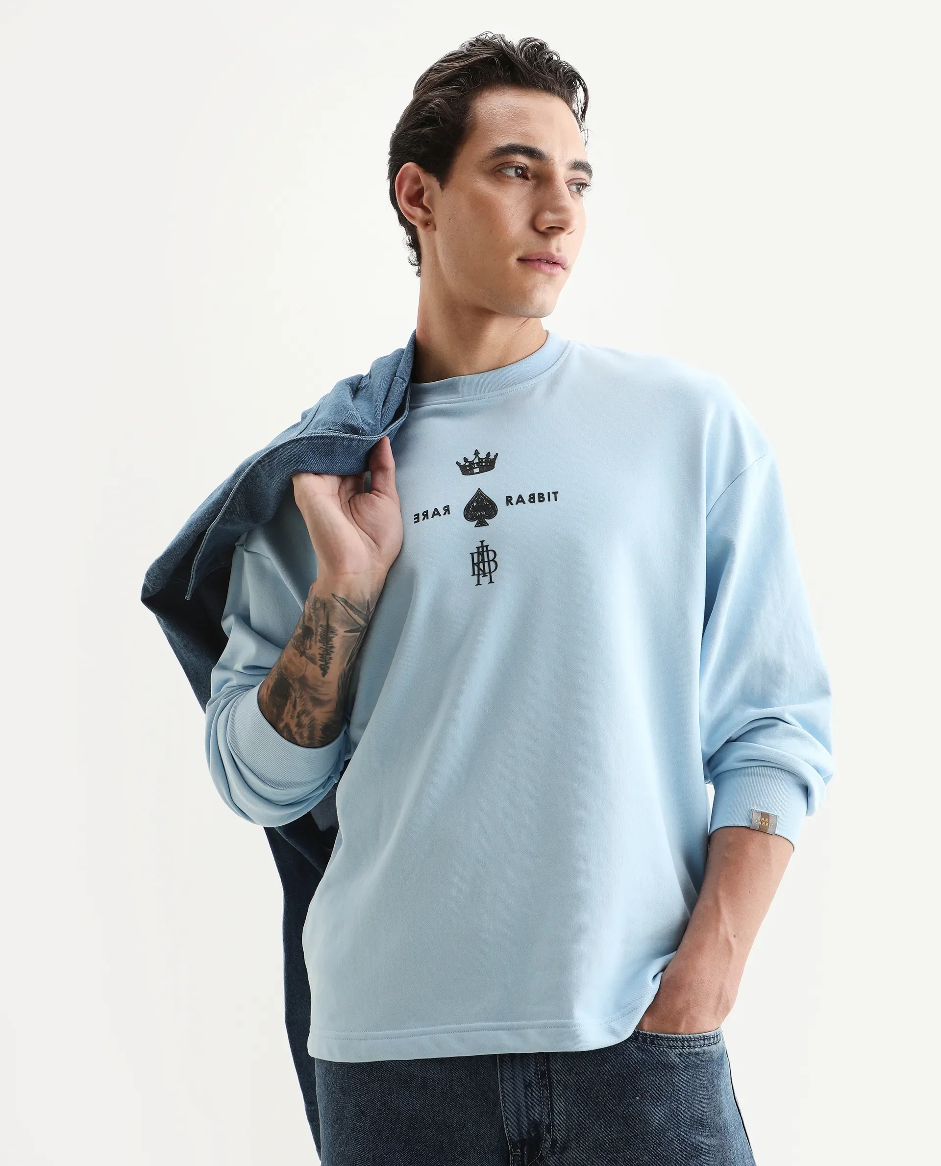 Rare Rabbit Men's Remor Light Blue Cotton Graphic Print Regular Fit Full Sleeve Crew Neck Sweatshirt