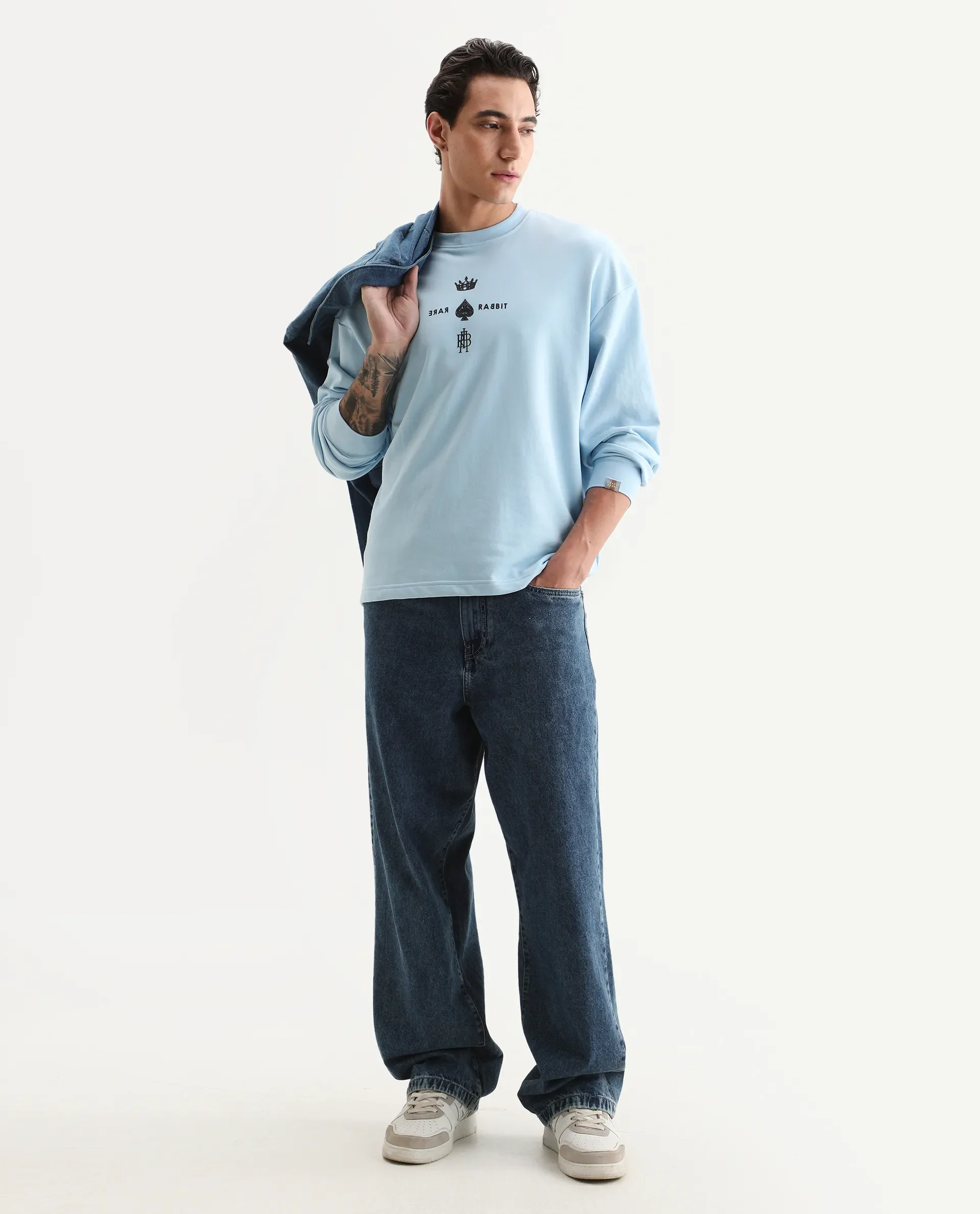 Rare Rabbit Men's Remor Light Blue Cotton Graphic Print Regular Fit Full Sleeve Crew Neck Sweatshirt - Image 2