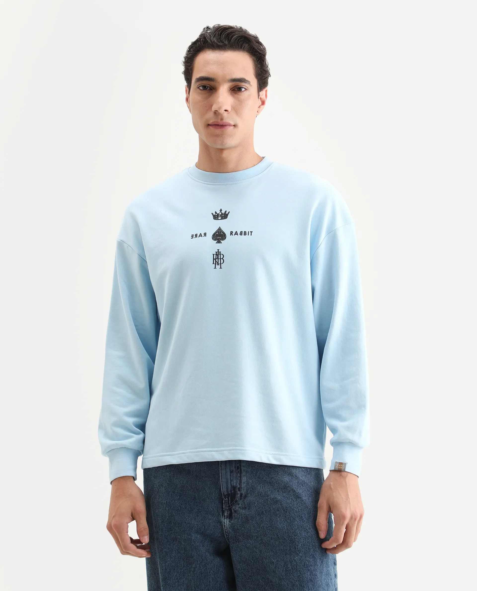 Rare Rabbit Men's Remor Light Blue Cotton Graphic Print Regular Fit Full Sleeve Crew Neck Sweatshirt - Image 3