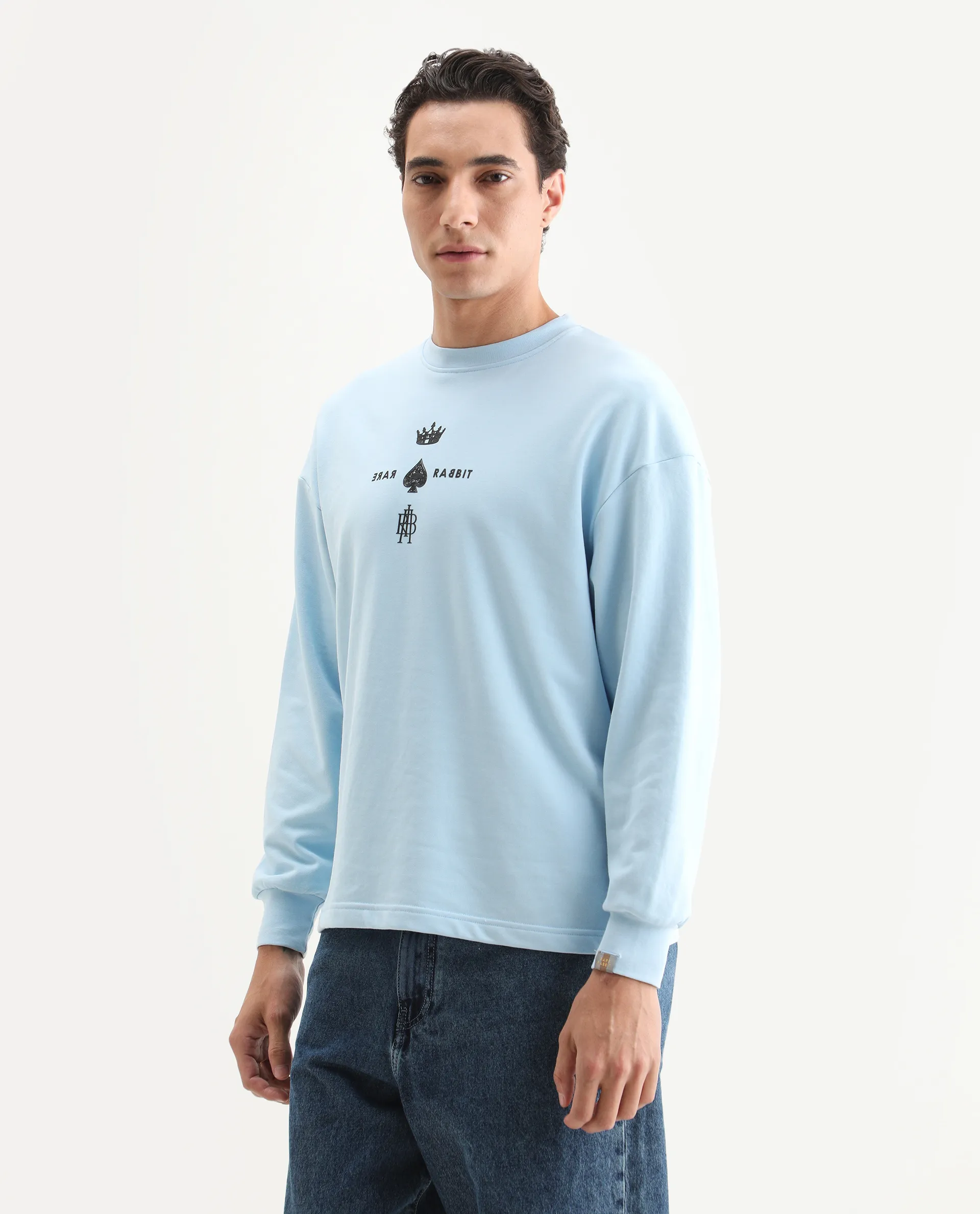 Rare Rabbit Men's Remor Light Blue Cotton Graphic Print Regular Fit Full Sleeve Crew Neck Sweatshirt - Image 5