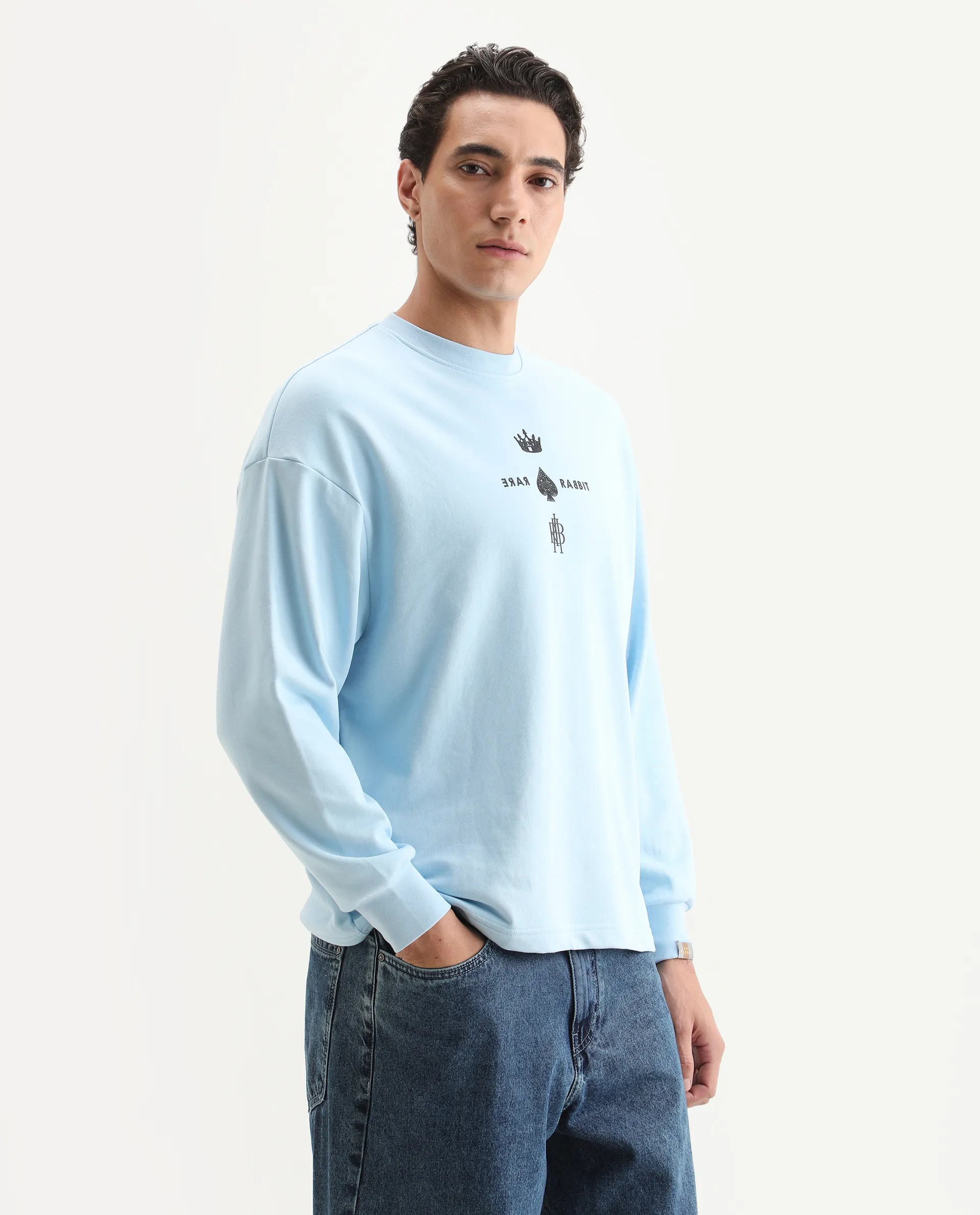 Rare Rabbit Men's Remor Light Blue Cotton Graphic Print Regular Fit Full Sleeve Crew Neck Sweatshirt - Image 6