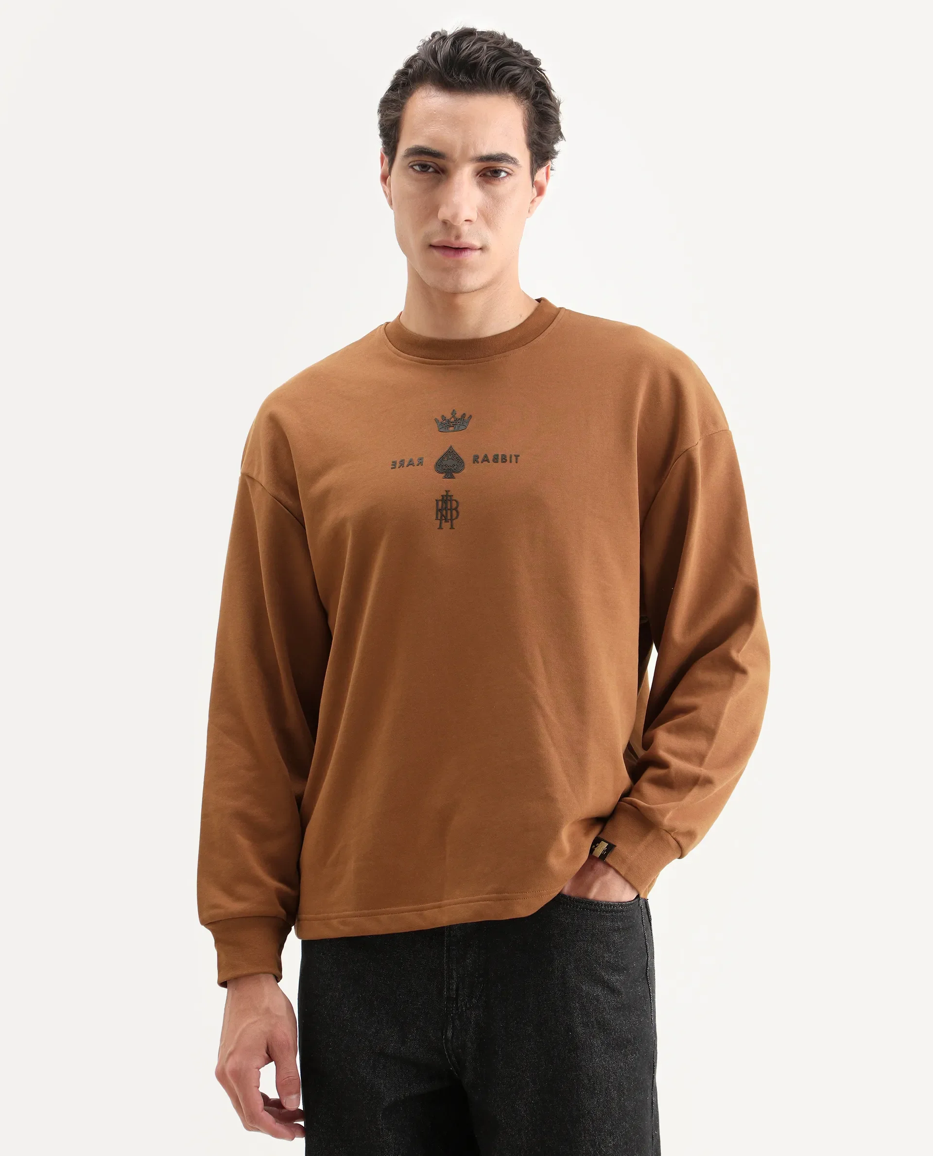 Rare Rabbit Men's Remor Rust Cotton Graphic Print Regular Fit Full Sleeve Crew Neck Sweatshirt - Image 4