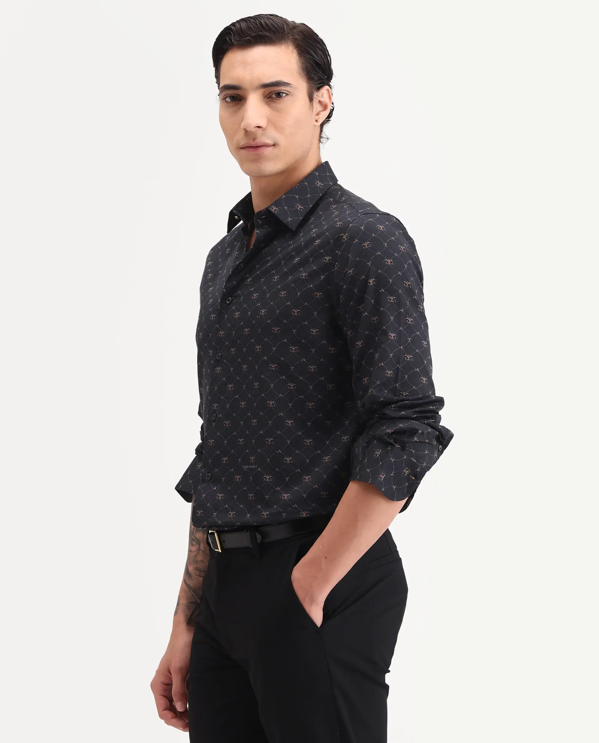 Rare Rabbit Men's Rems Black Cotton Fabric Full Sleeve Spread Collar Regular Fit Geometric Print Shirt - Image 4