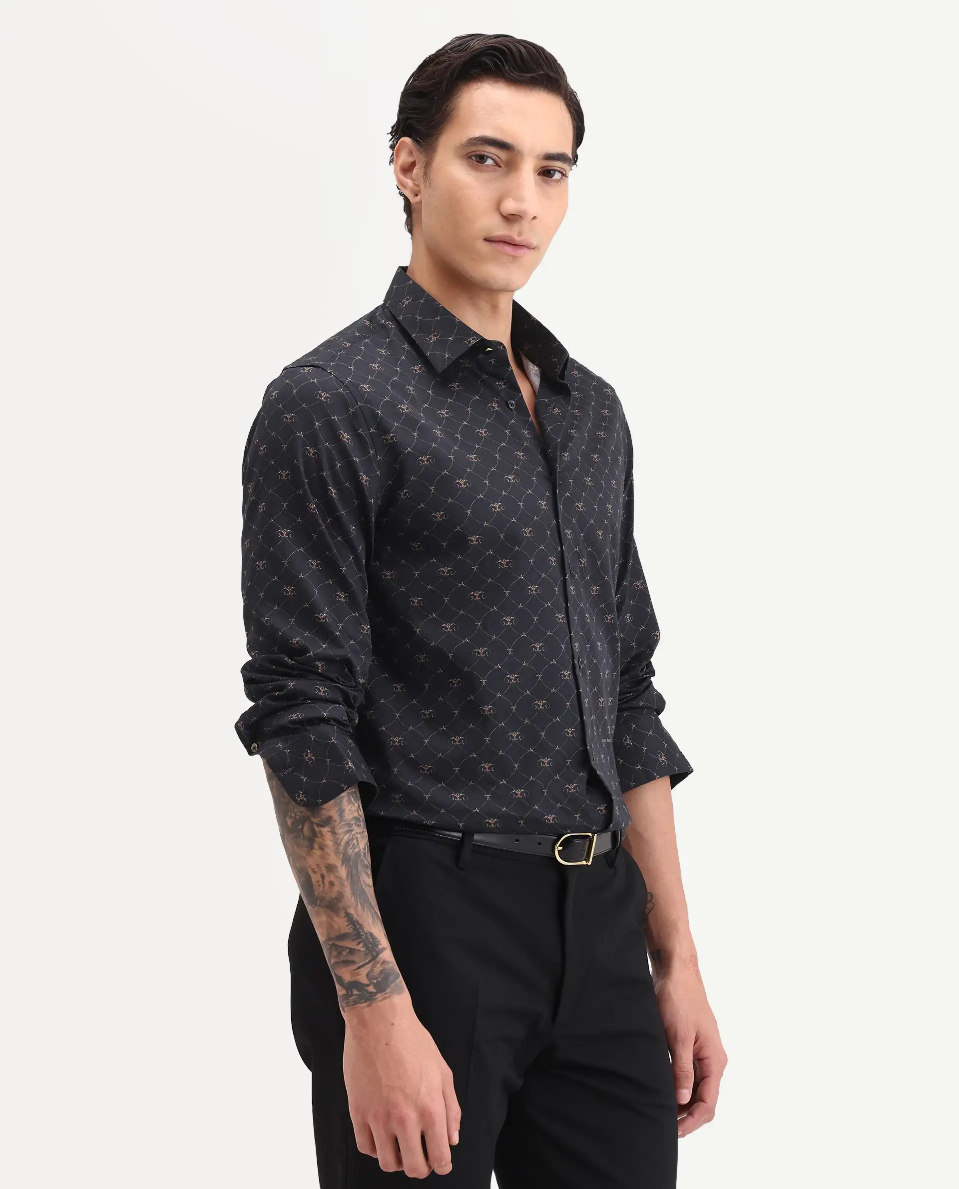 Rare Rabbit Men's Rems Black Cotton Fabric Full Sleeve Spread Collar Regular Fit Geometric Print Shirt - Image 5