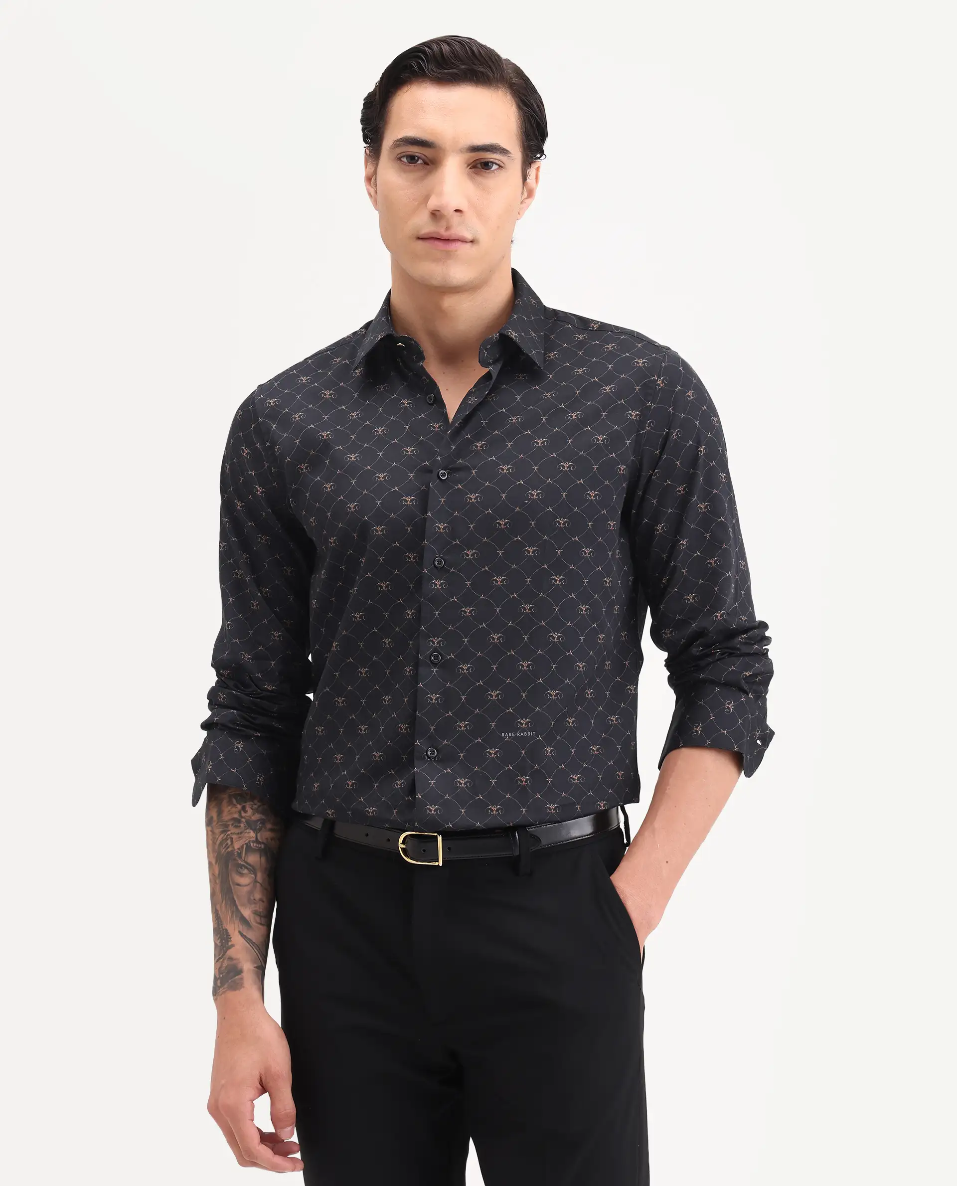Rare Rabbit Men's Rems Black Cotton Fabric Full Sleeve Spread Collar Regular Fit Geometric Print Shirt - Image 6