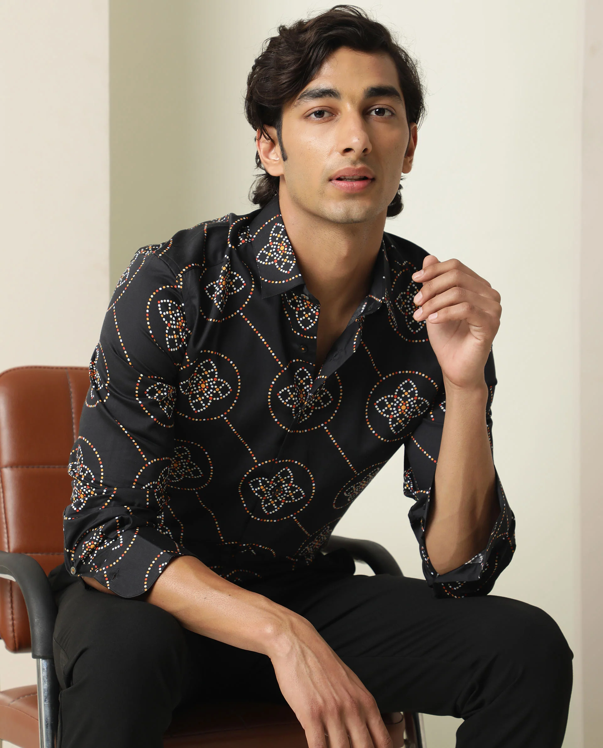Rare Rabbit Men's Remus Black Cotton Geometric Print Regular Fit Full Sleeve Collared Shirt - Image 2