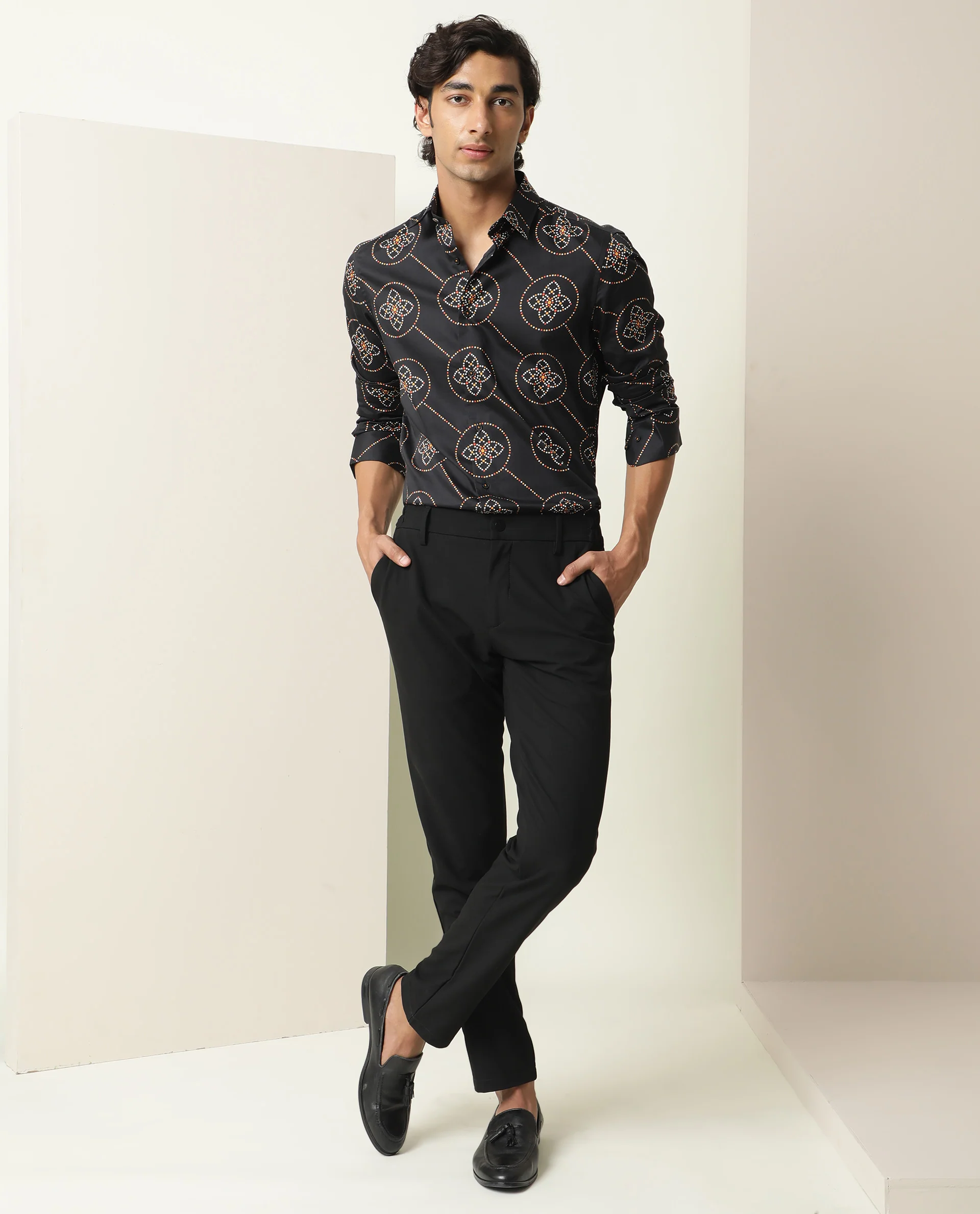 Rare Rabbit Men's Remus Black Cotton Geometric Print Regular Fit Full Sleeve Collared Shirt - Image 3